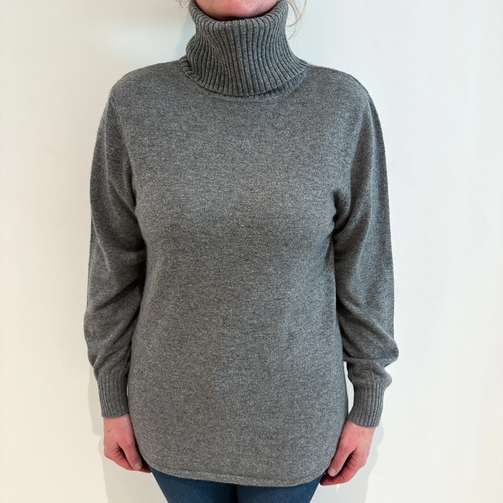 Grey Marl Longline Cashmere Turtle Neck Jumper Large