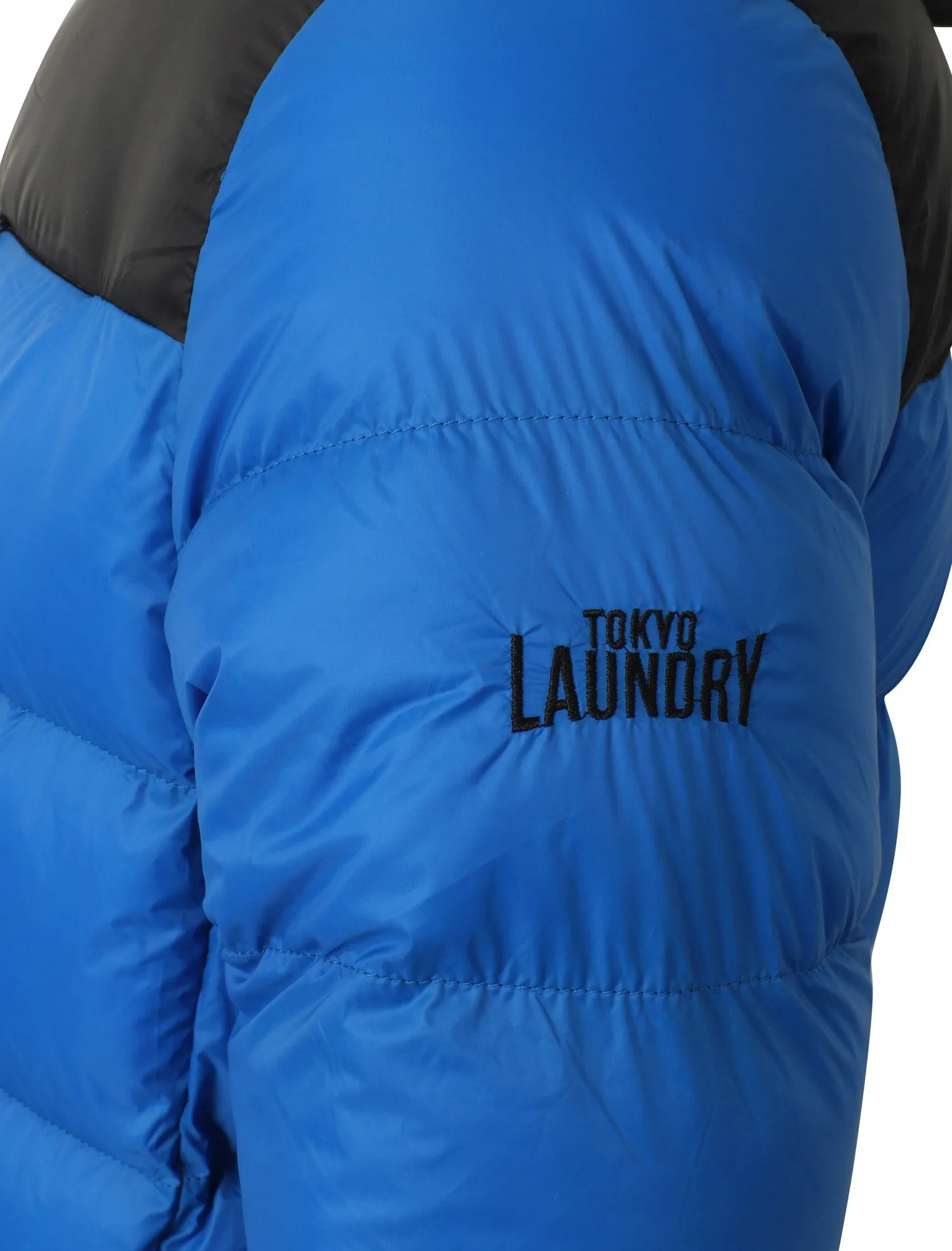 Hakim Colour Block Quilted Puffer Jacket with Hood In Olympian Blue - Tokyo Laundry