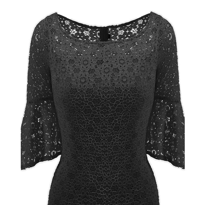 Hollow Out Plain Lace Bell Sleeve Bodycon Dress #Bodycon Dress #Black #Lace Dress