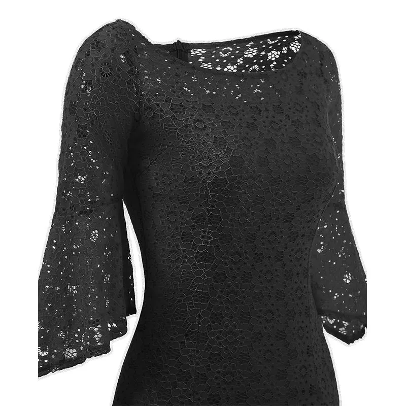 Hollow Out Plain Lace Bell Sleeve Bodycon Dress #Bodycon Dress #Black #Lace Dress