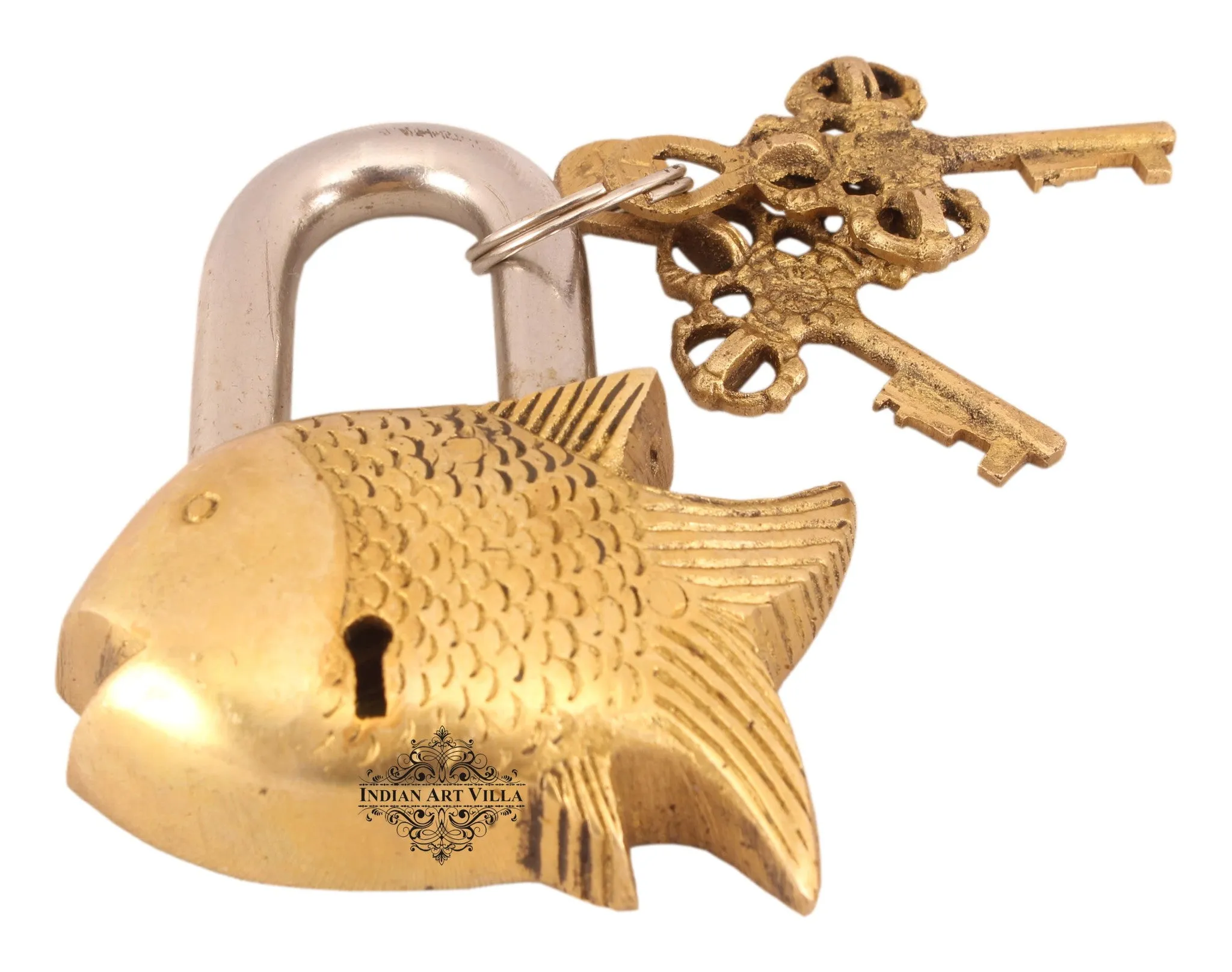 Indian Art Villa Pure Brass Small Fish Shape Design Lock with 2 Keys