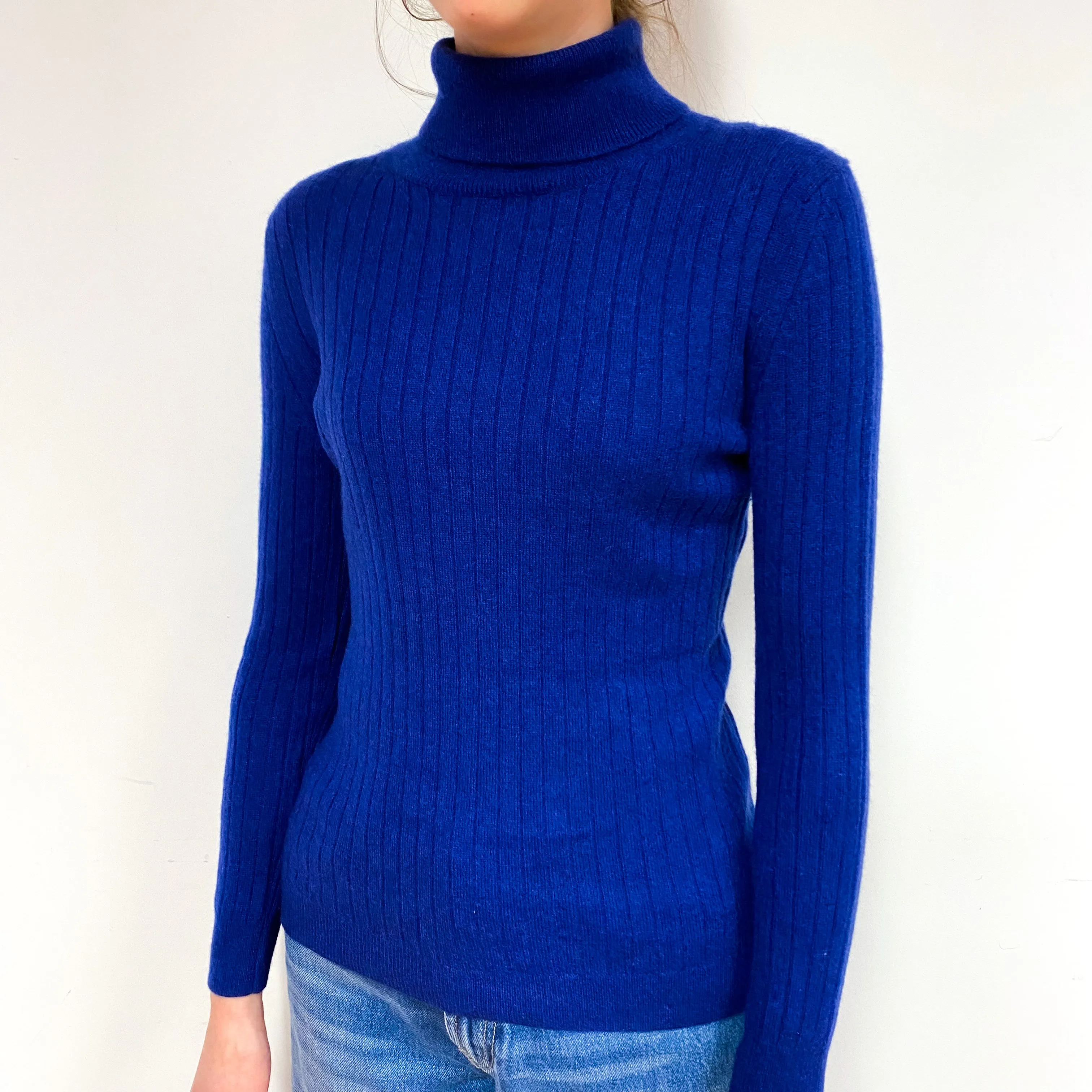 Indigo Purple Rib Cashmere Polo Neck Jumper Extra Small