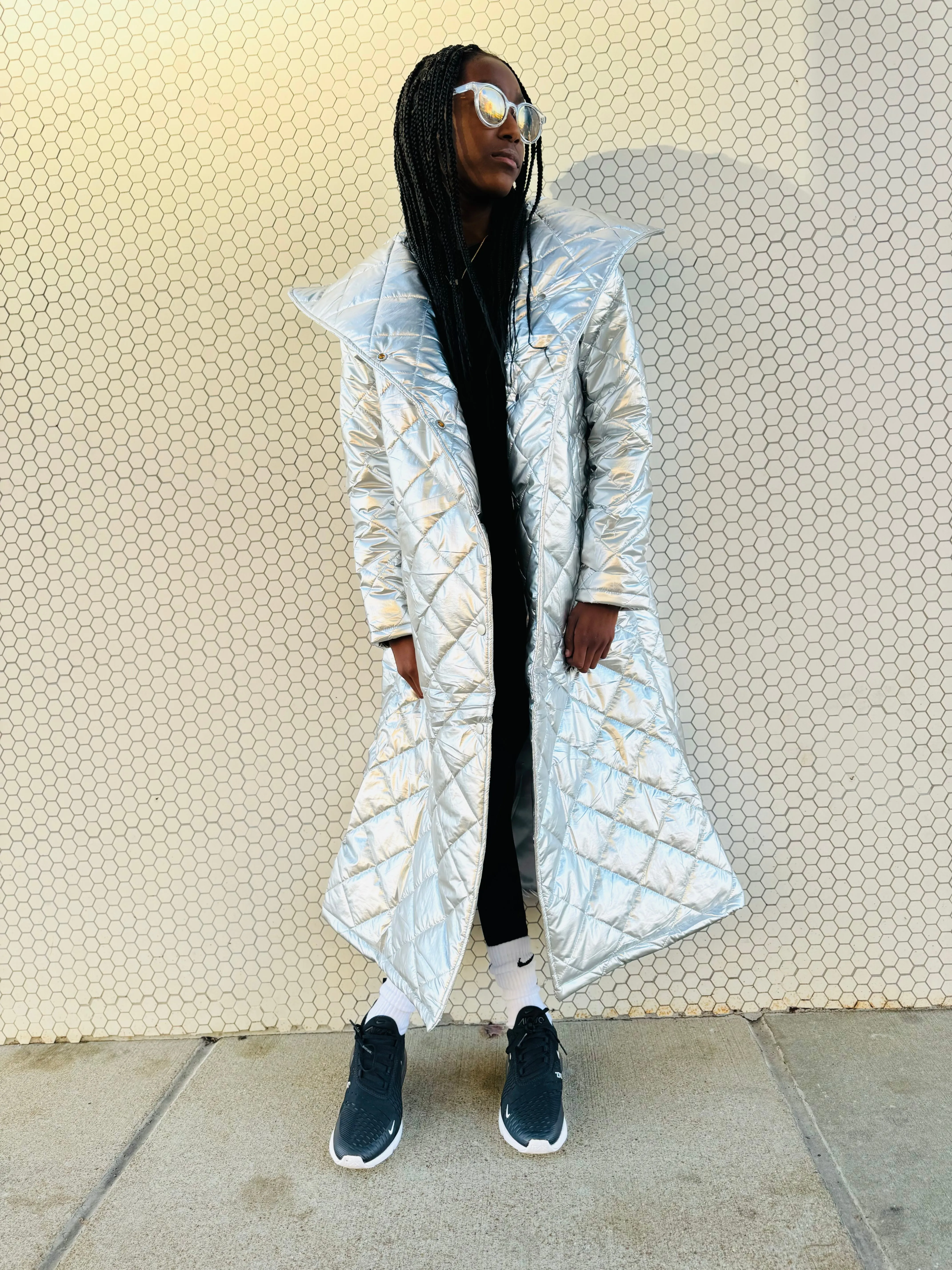 Kids Metallic High Neck Quilted Coat