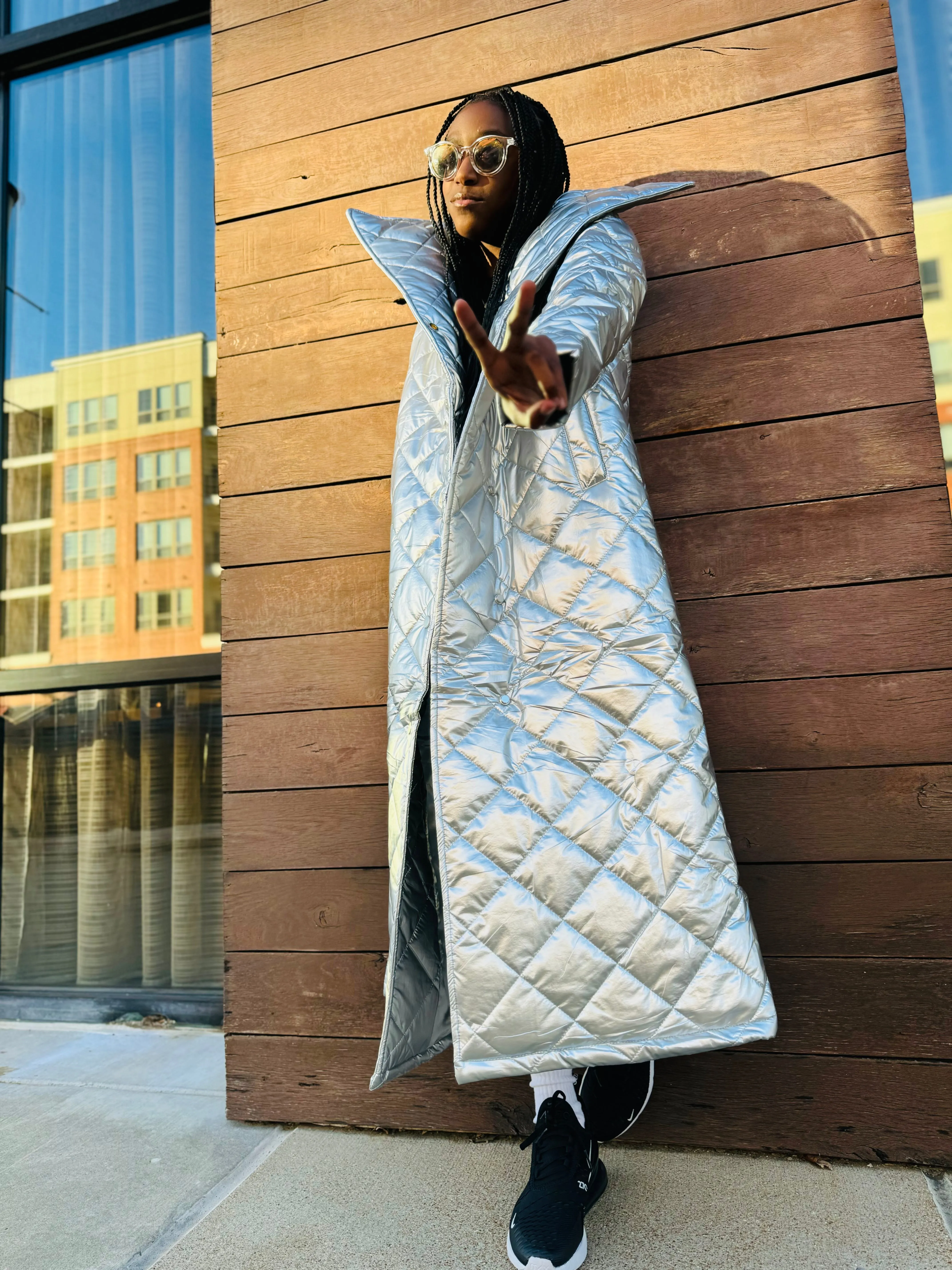Kids Metallic High Neck Quilted Coat