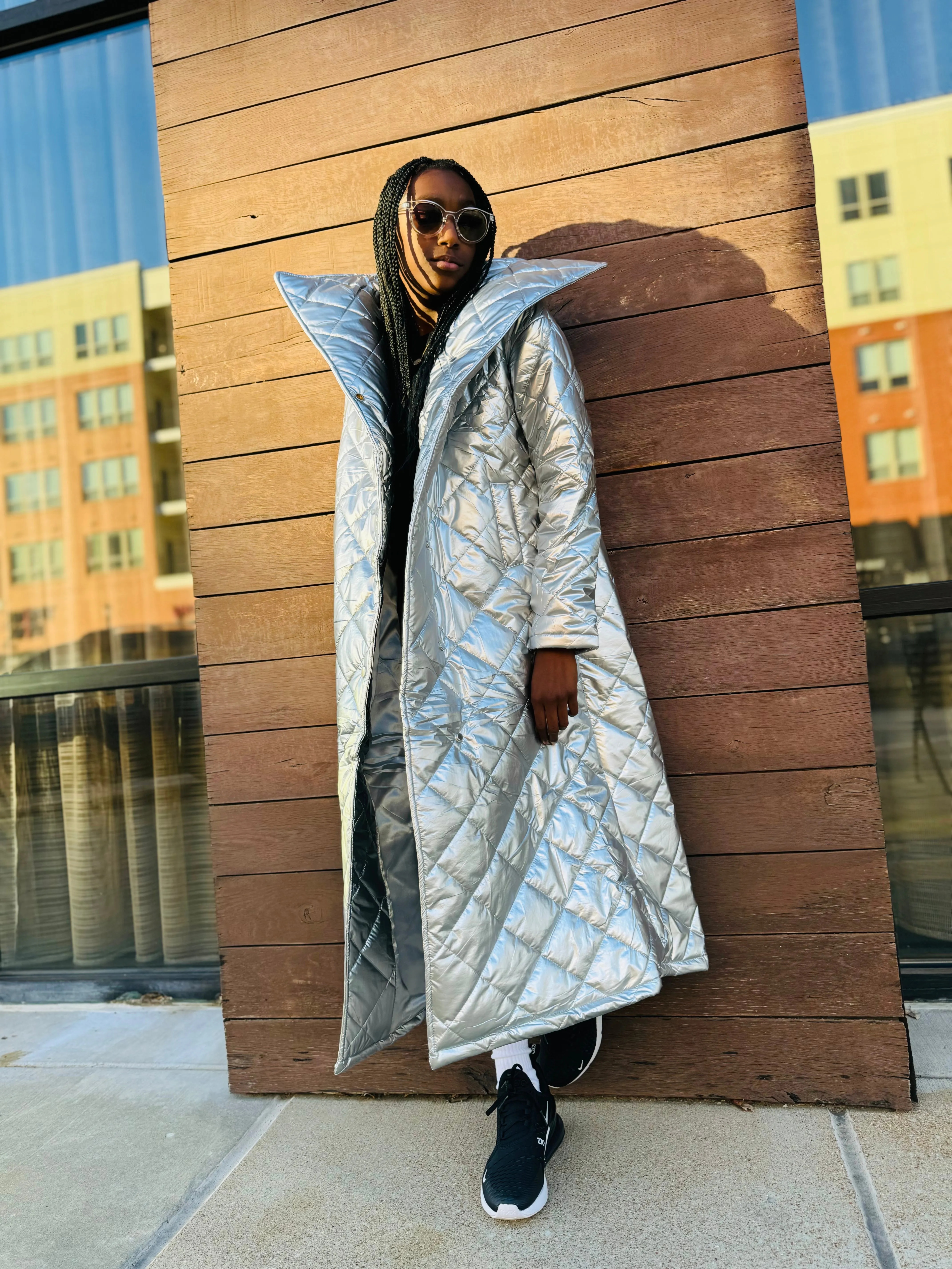 Kids Metallic High Neck Quilted Coat