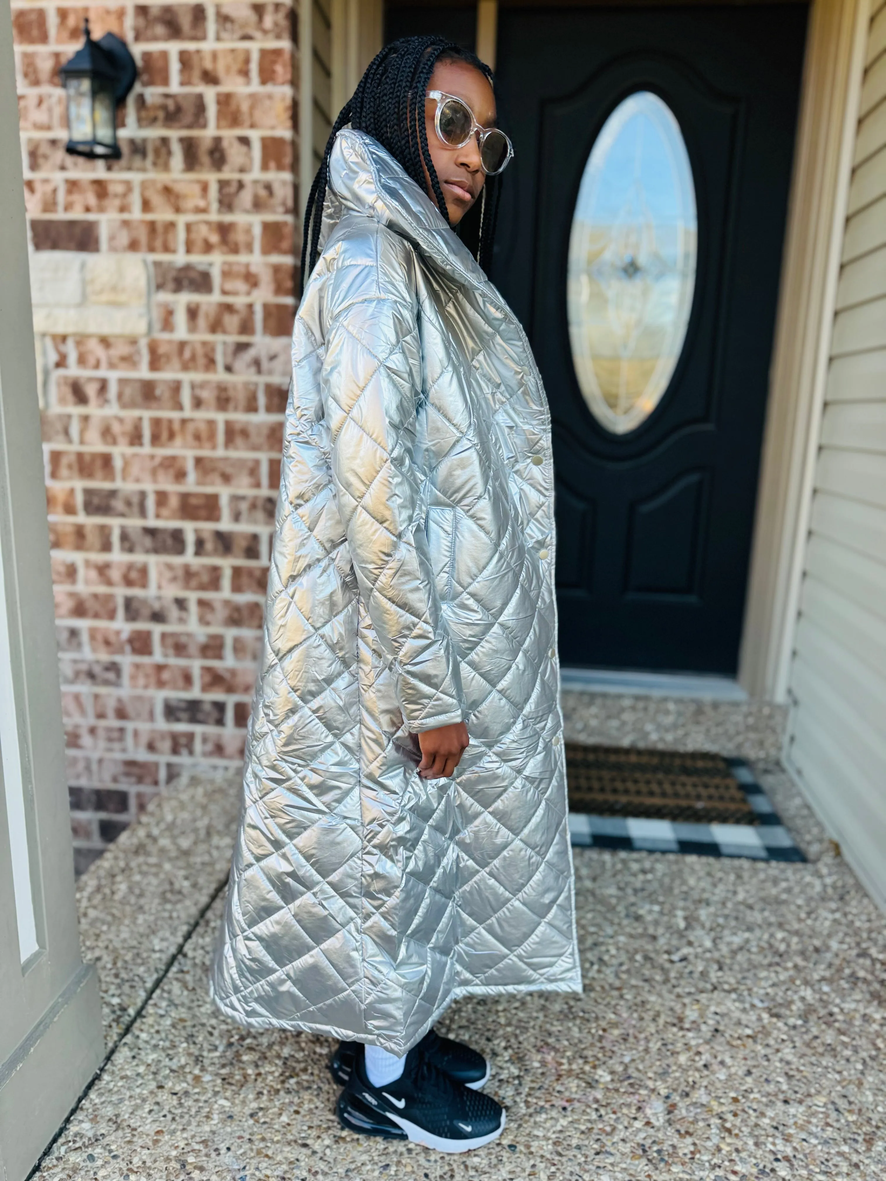 Kids Metallic High Neck Quilted Coat
