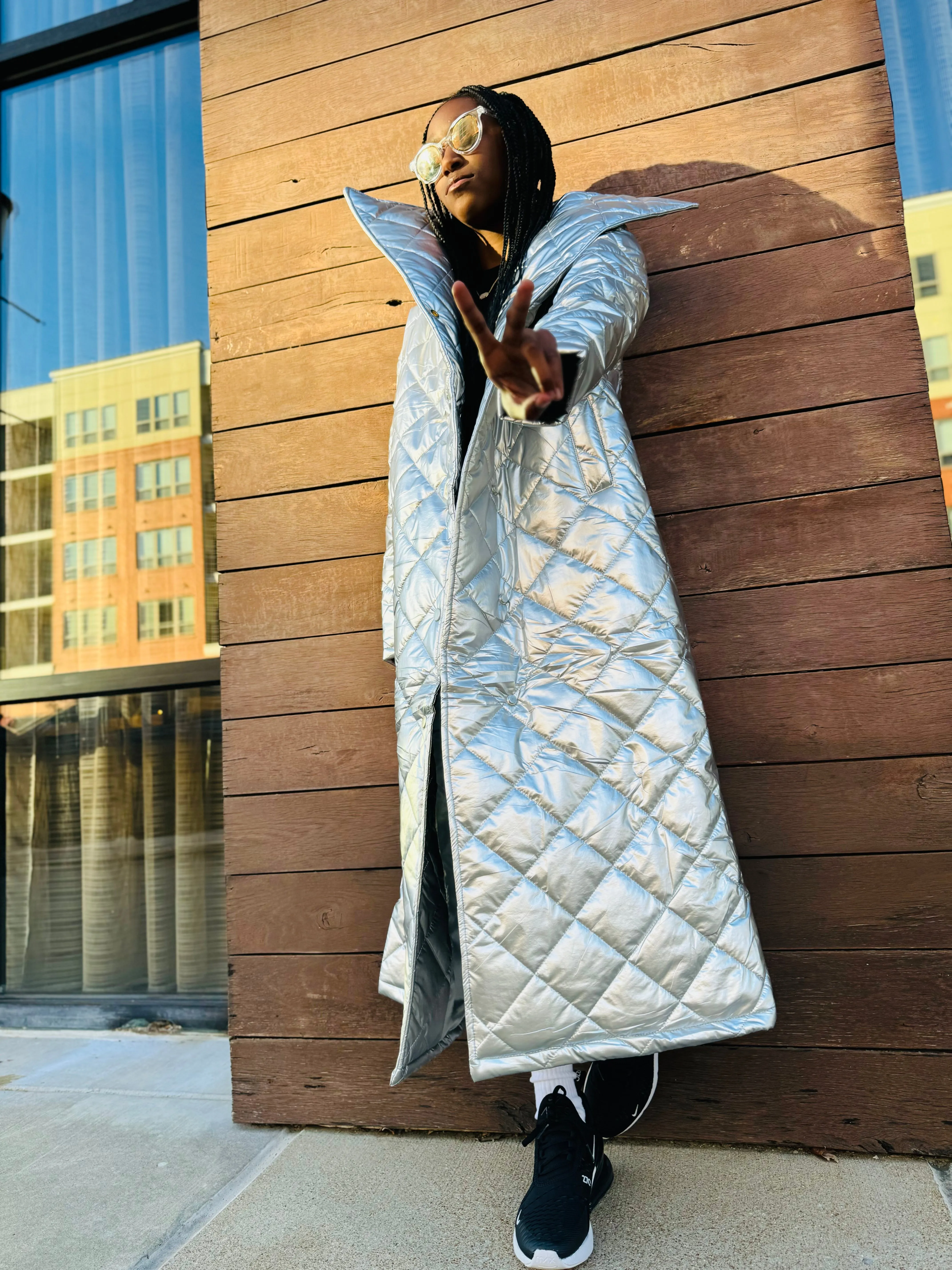 Kids Metallic High Neck Quilted Coat