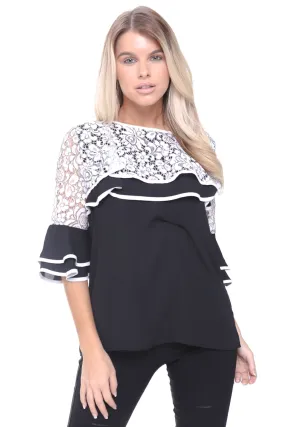 Lace Ruffle 3/4 Sleeve Blouse Top