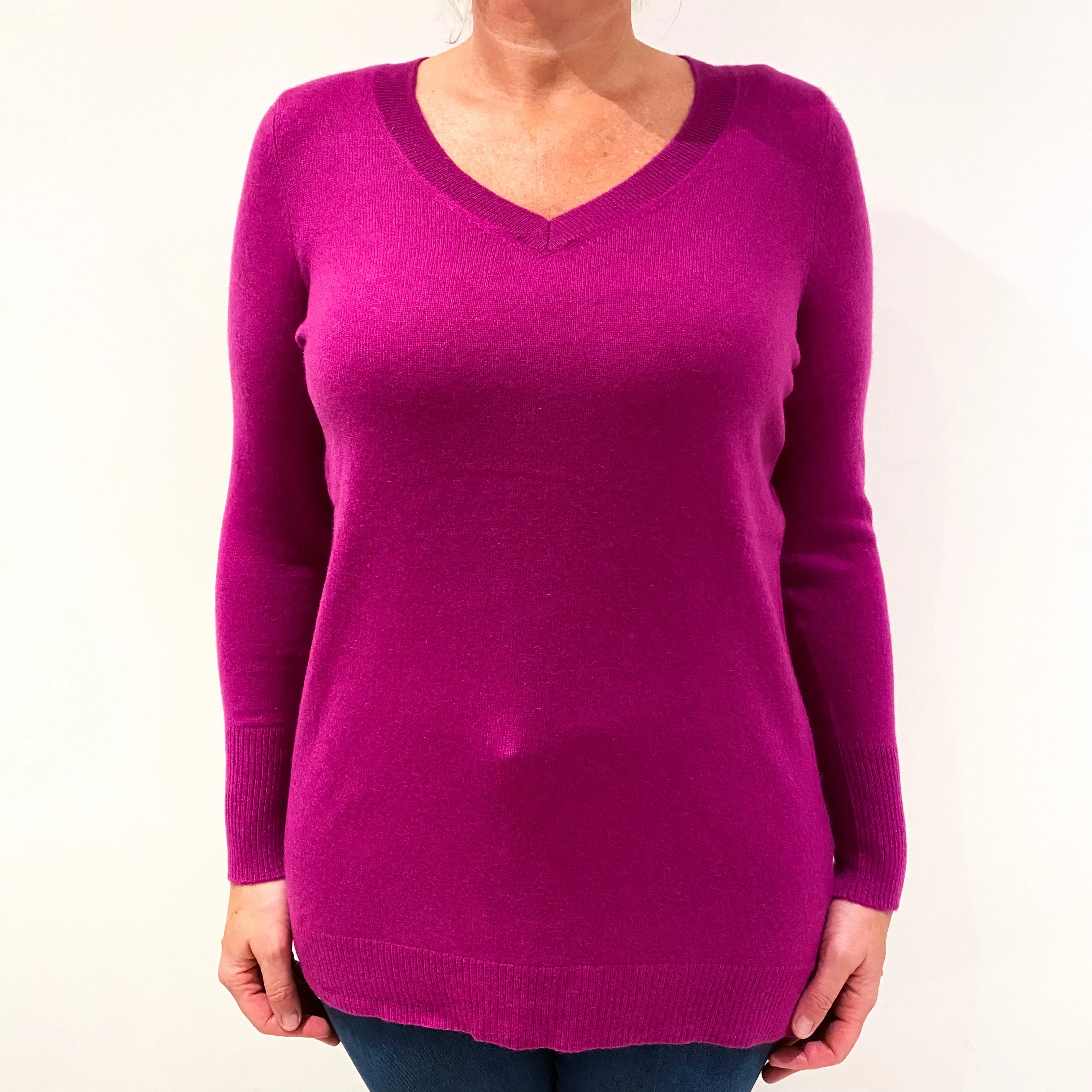 Magenta Pink Lightweight Cashmere V-Neck Jumper Large