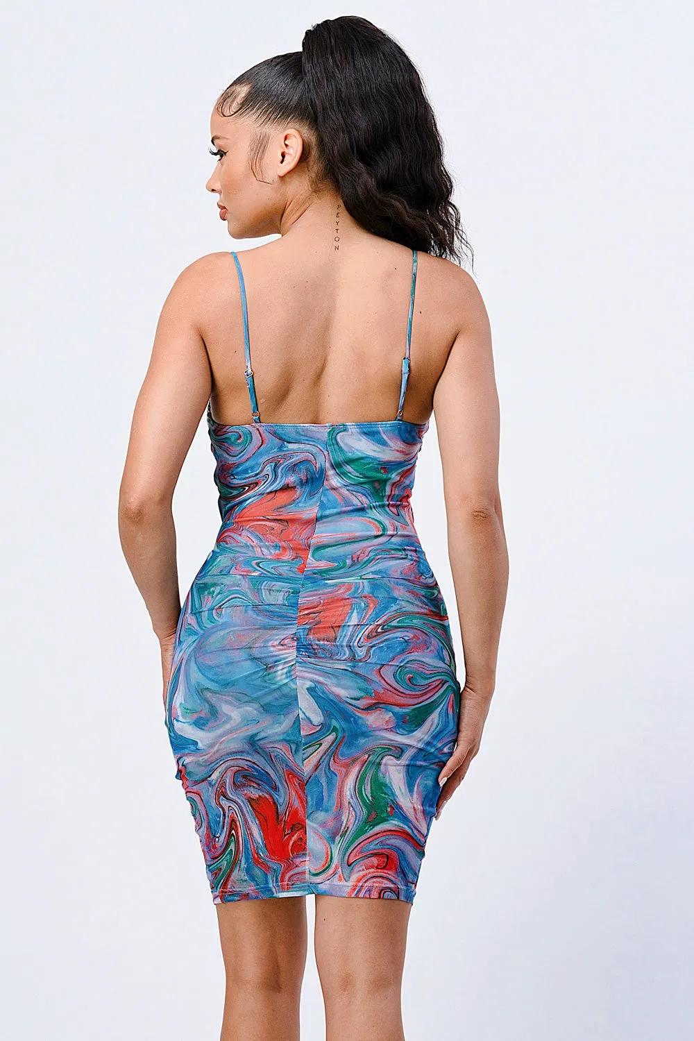 MARBLE KNIT SIDE CUTOUT SLITTED BODYCON DRESS
