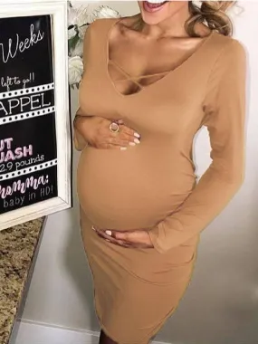 Maternity Solid V-Neck Midi Dress
