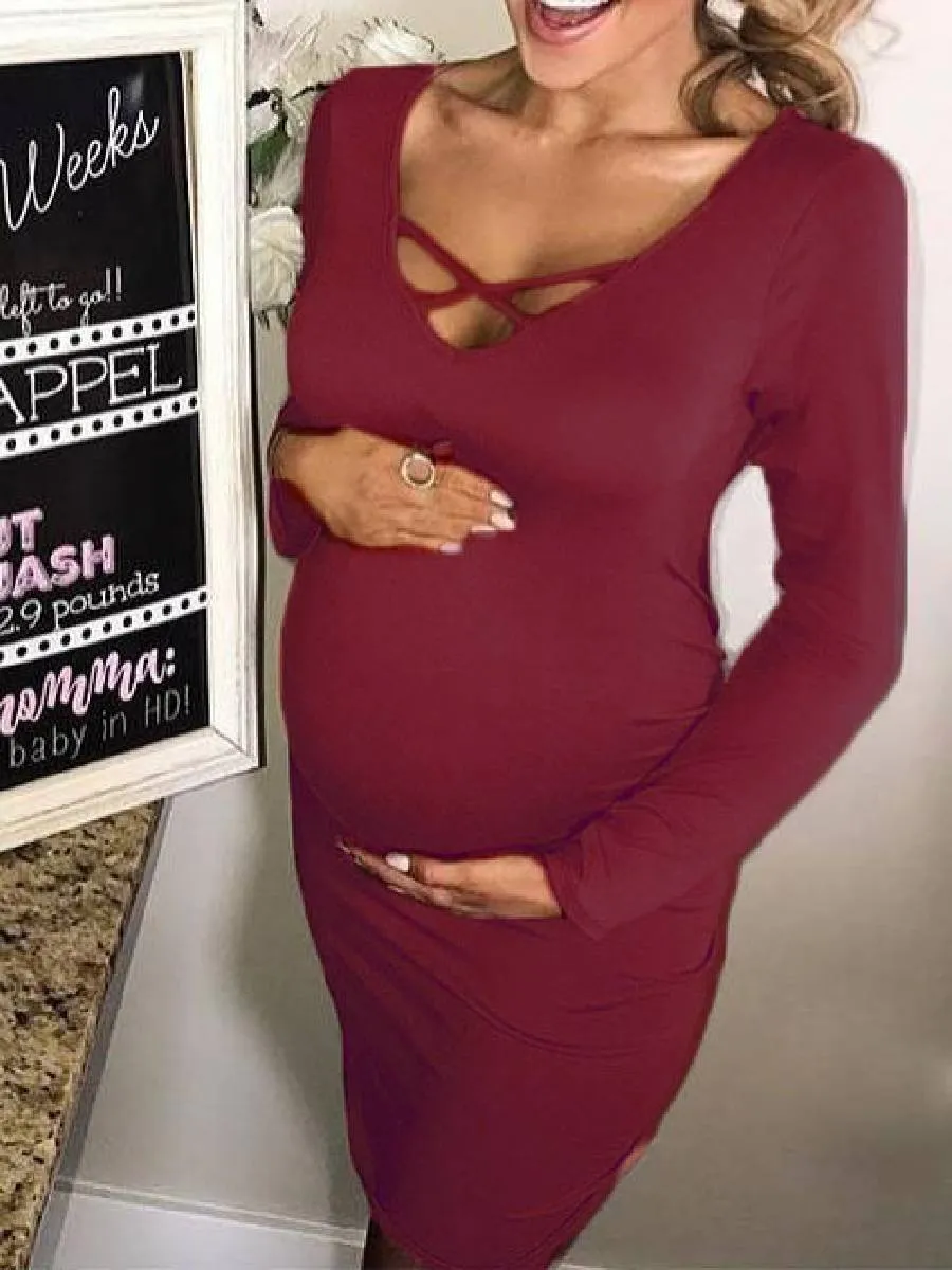 Maternity Solid V-Neck Midi Dress