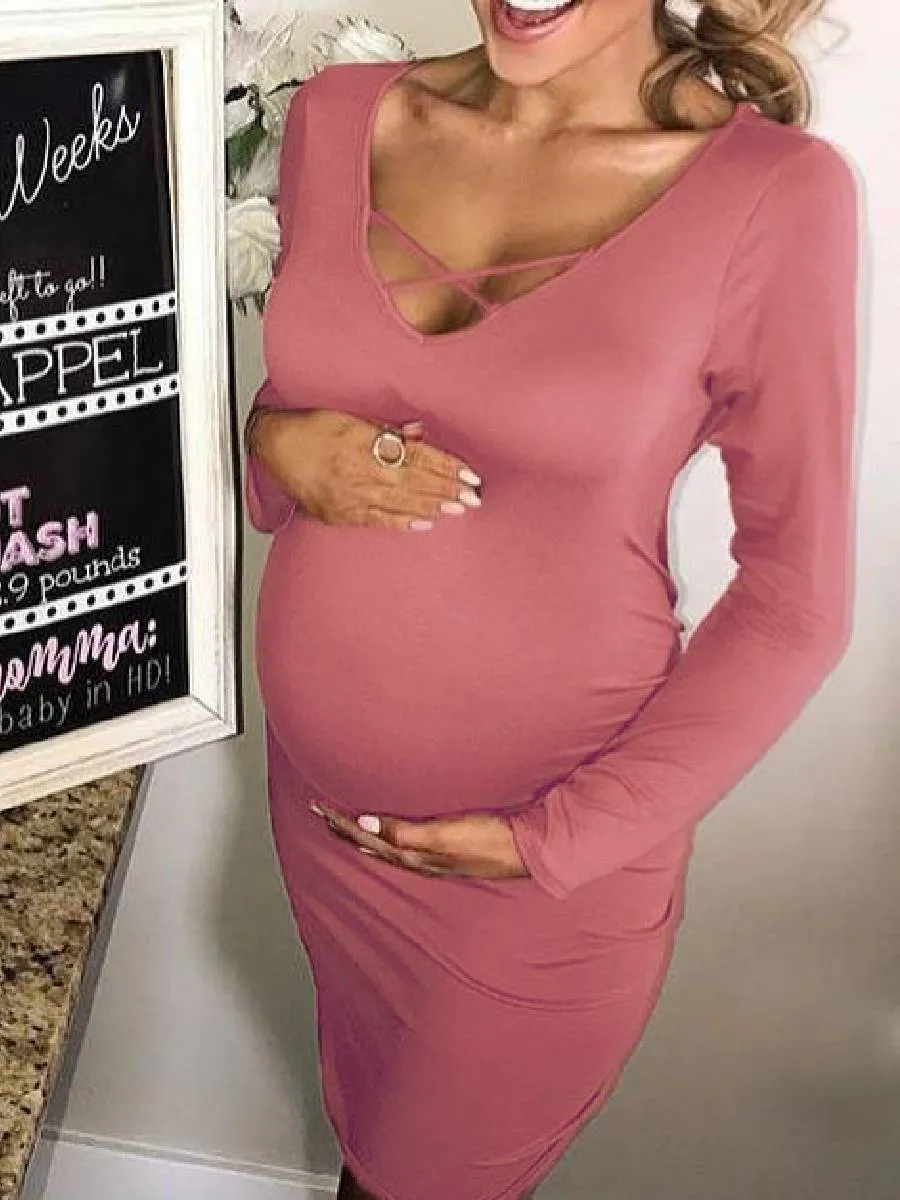Maternity Solid V-Neck Midi Dress