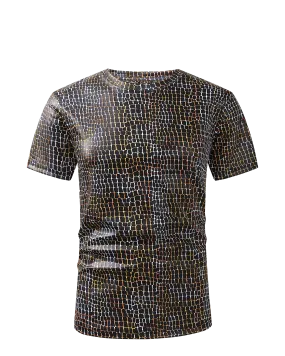 Men PREMIERE SLIM FIT Short Sleeve T SHIRT WHITE GOLD RAISED REPTILE PRINT Designer Shirt