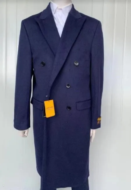 Mens Cashmere Blend Blue Coat Long length - Cashmere Long Overcoat