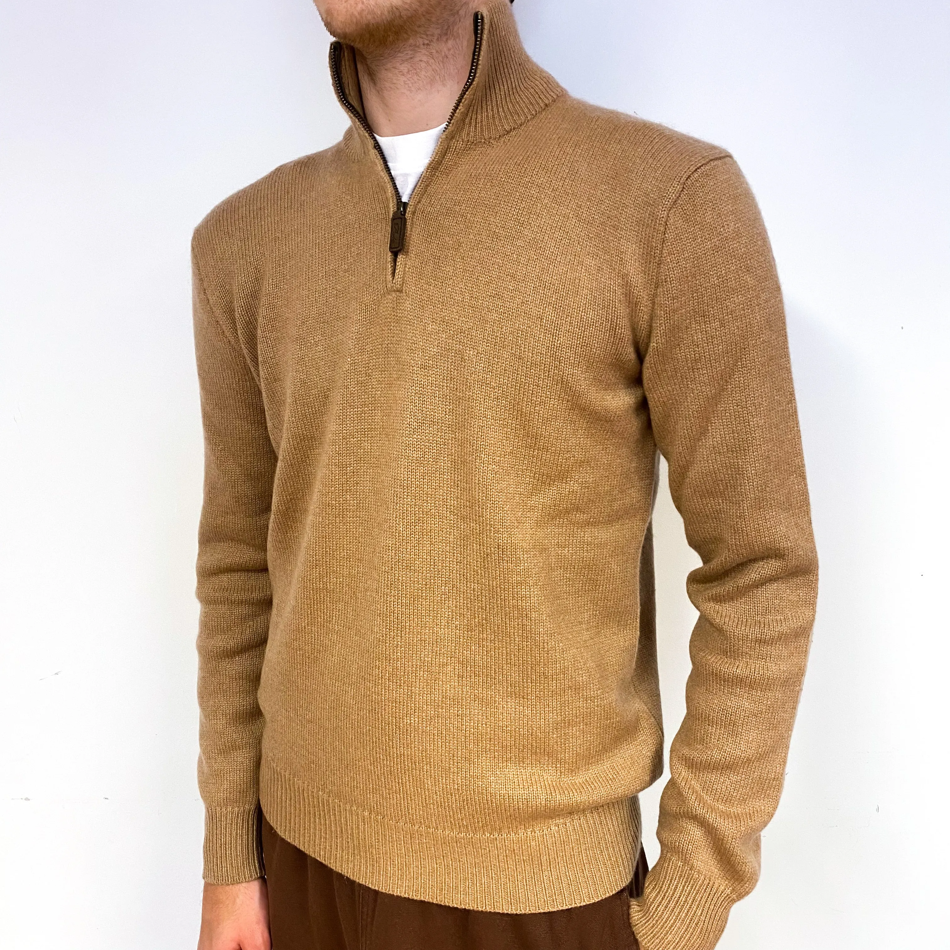 Men's Ralph Lauren Caramel Brown Cashmere 1/4 Zip Jumper Large