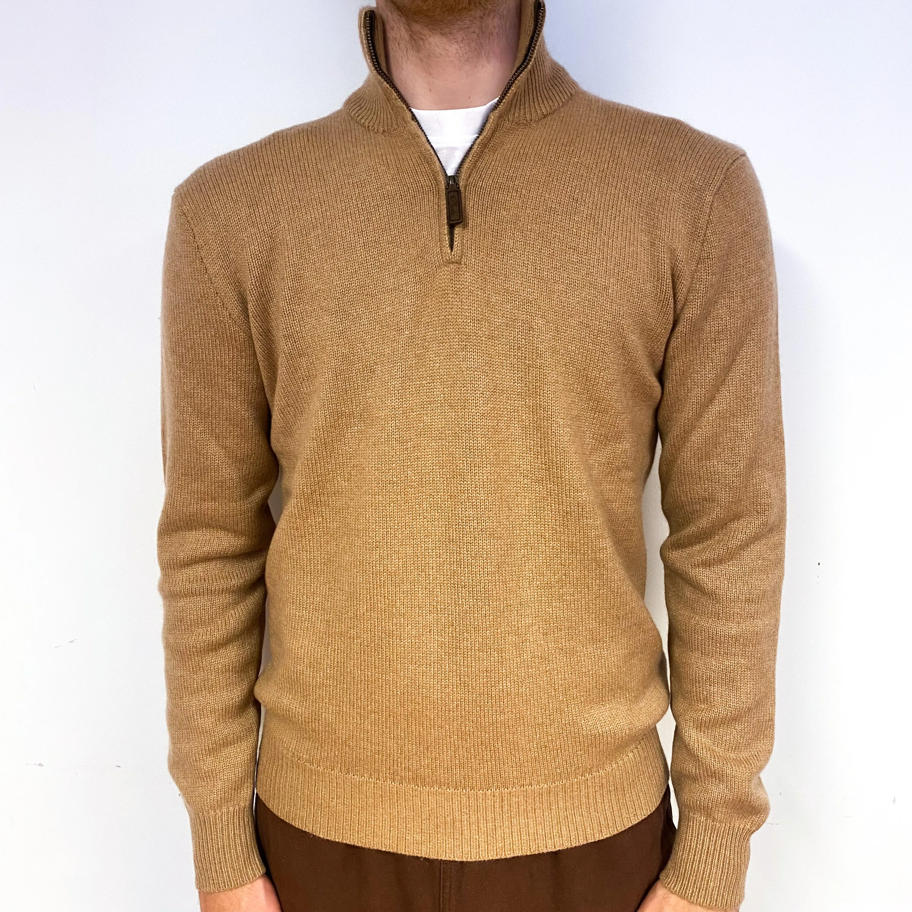 Men's Ralph Lauren Caramel Brown Cashmere 1/4 Zip Jumper Large