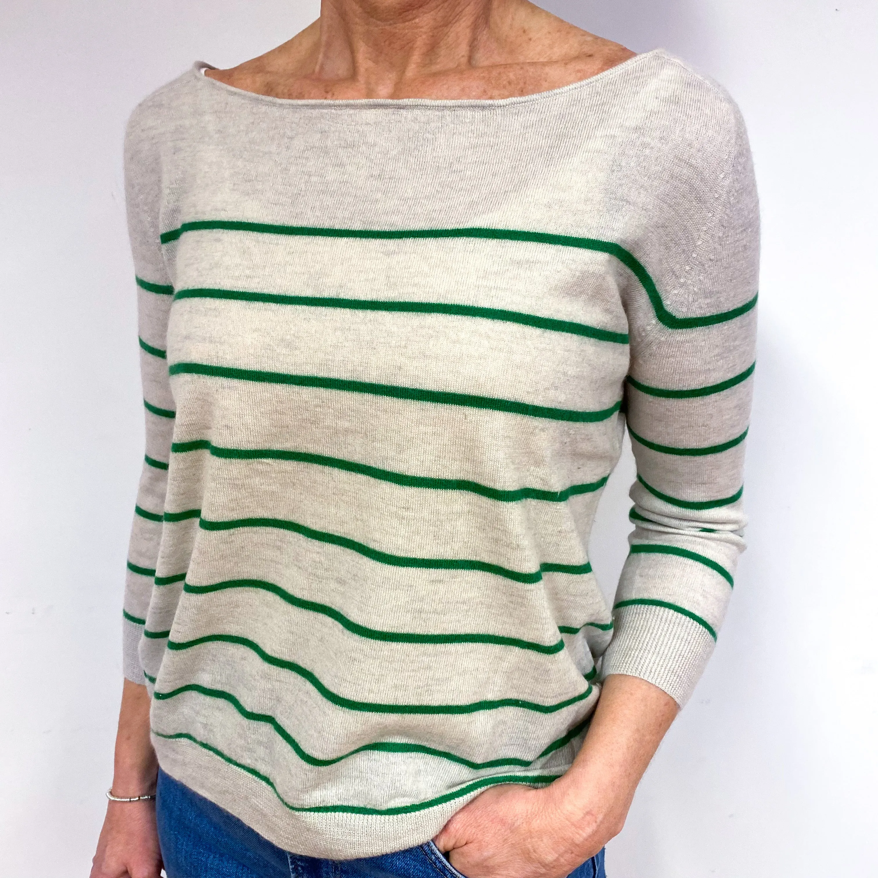 Mist Grey Stripe Cashmere Crew Neck Jumper Medium
