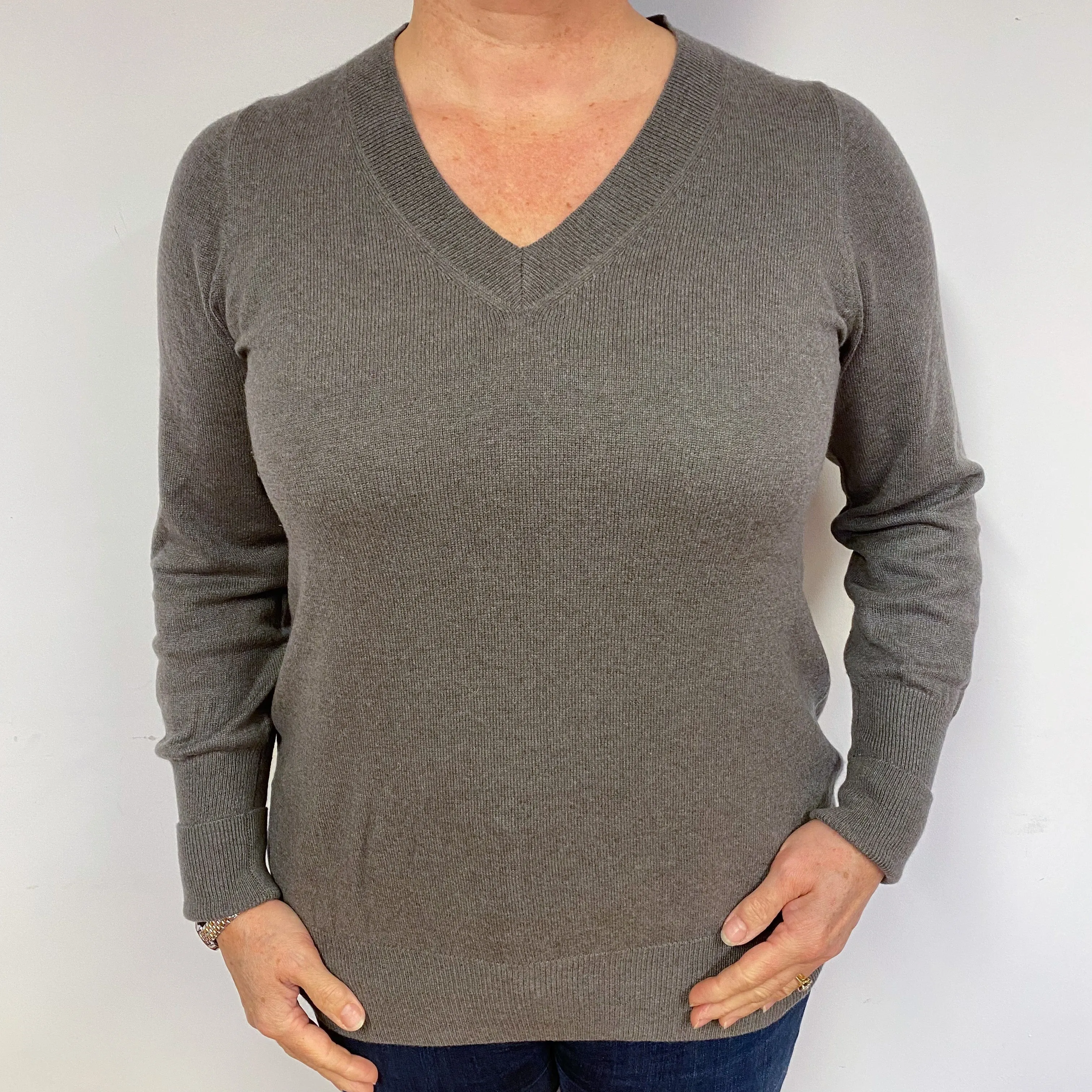 Mocha Brown Cashmere V-Neck Jumper Large