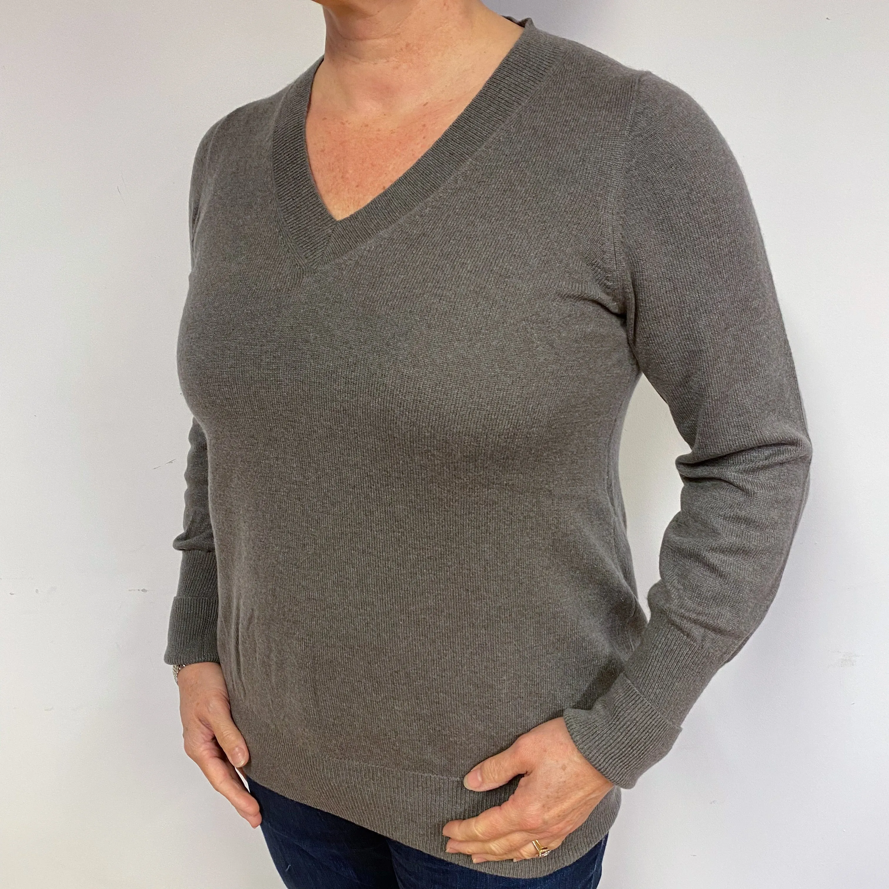 Mocha Brown Cashmere V-Neck Jumper Large
