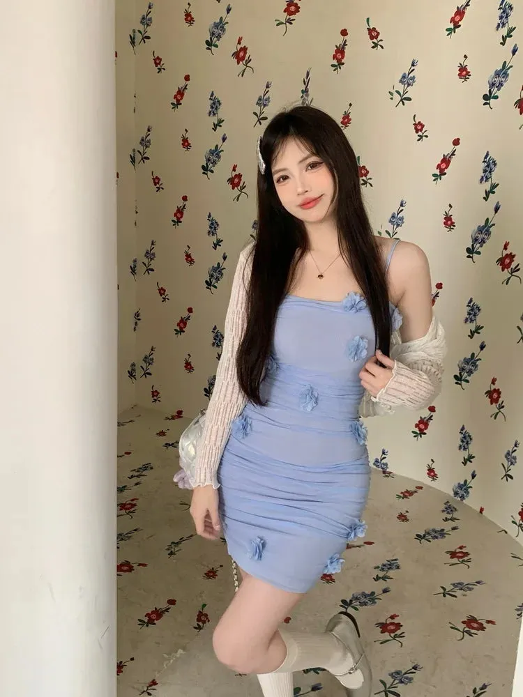 MQTIME  -  Large size three-dimensional small flower spicy girl mesh camisole dress sexy tight short skirt knitted top  for women