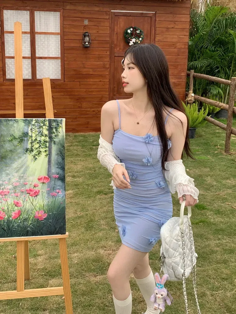 MQTIME  -  Large size three-dimensional small flower spicy girl mesh camisole dress sexy tight short skirt knitted top  for women
