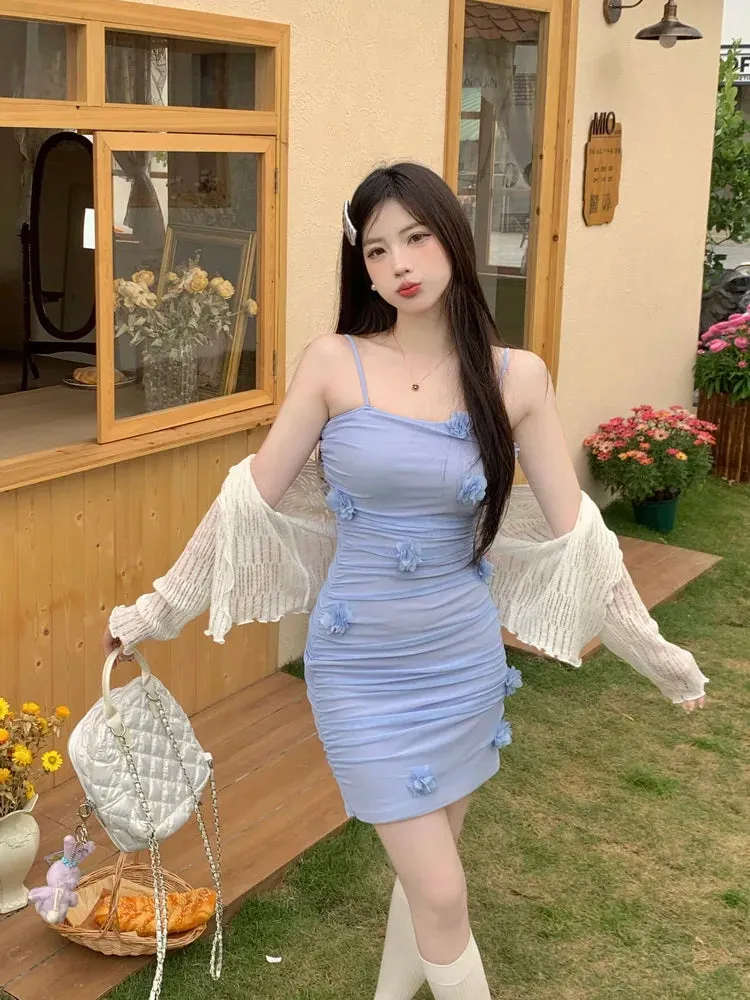 MQTIME  -  Large size three-dimensional small flower spicy girl mesh camisole dress sexy tight short skirt knitted top  for women