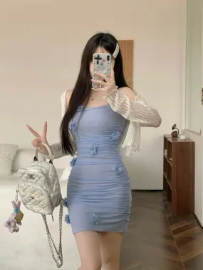MQTIME  -  Large size three-dimensional small flower spicy girl mesh camisole dress sexy tight short skirt knitted top  for women