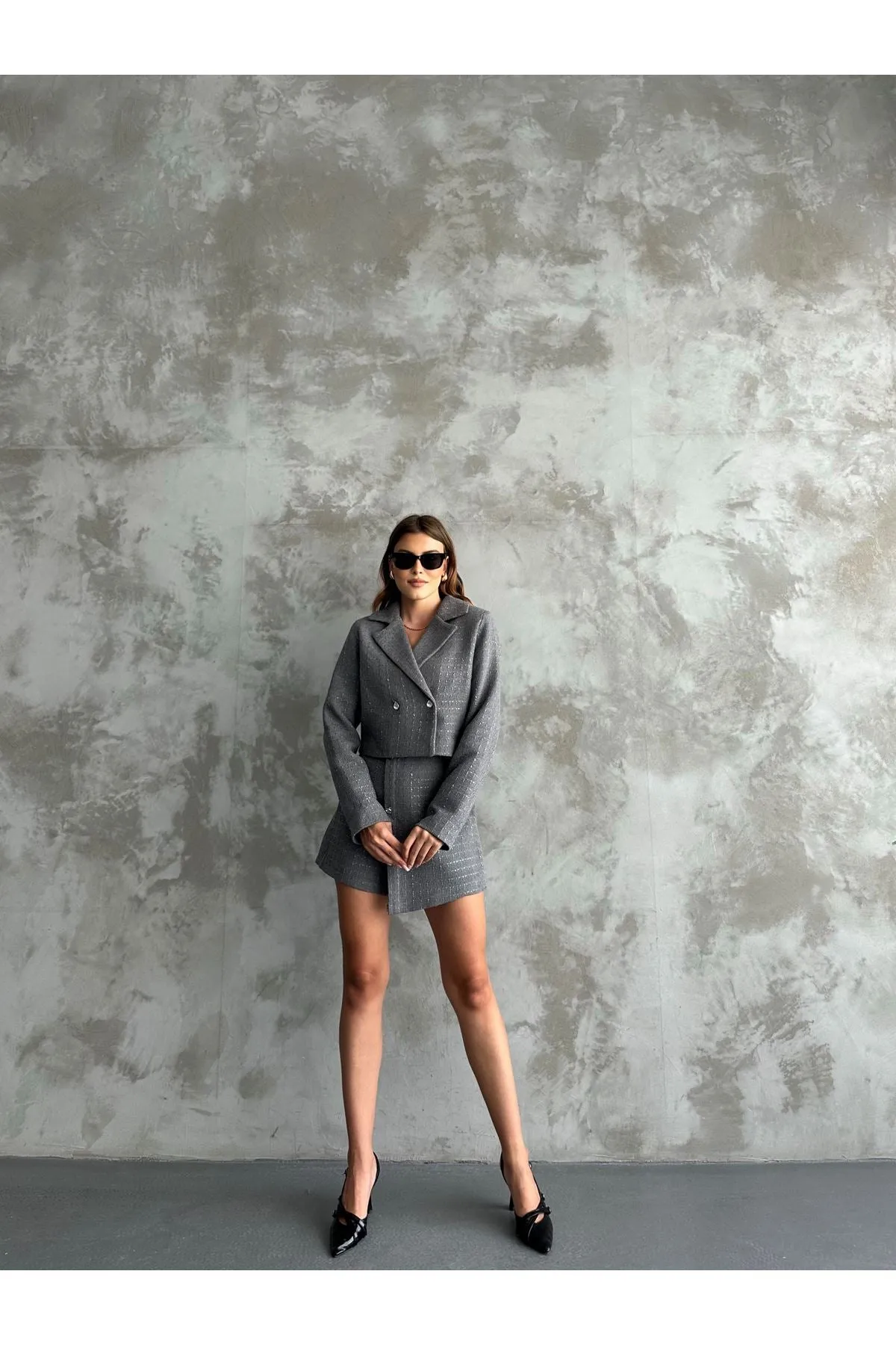 MXM Women TWEED SHORTS SKIRT SUIT WITH LAPEL COLLAR - Long Beach