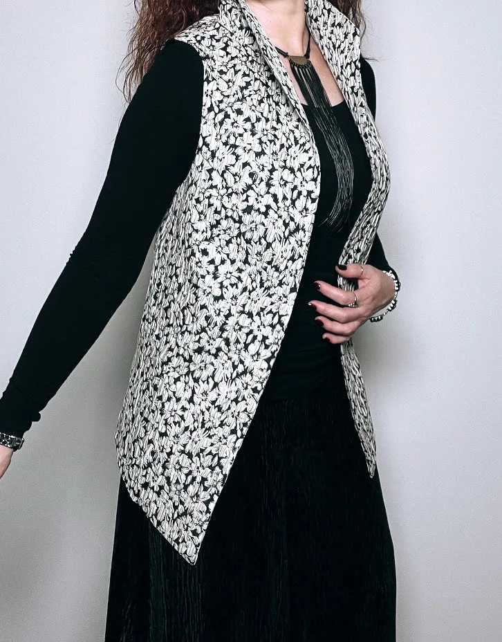 Natalia Longline Vest - Black & white floral jacquard