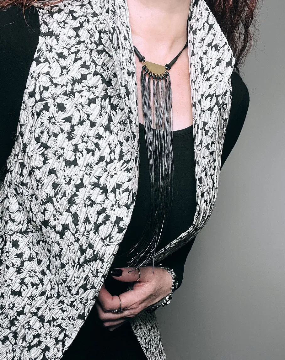 Natalia Longline Vest - Black & white floral jacquard