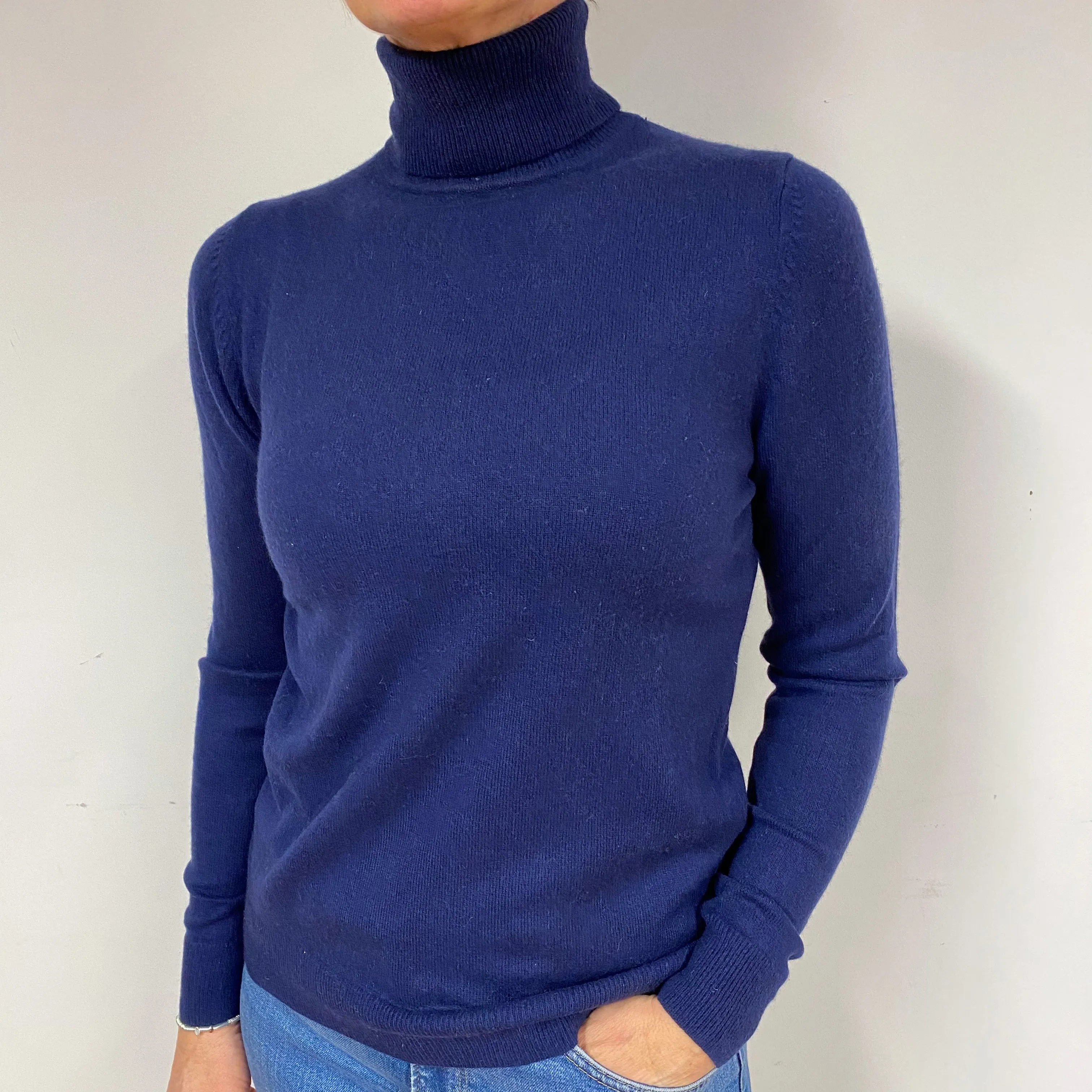 Navy Blue Cashmere Polo Neck Jumper Medium