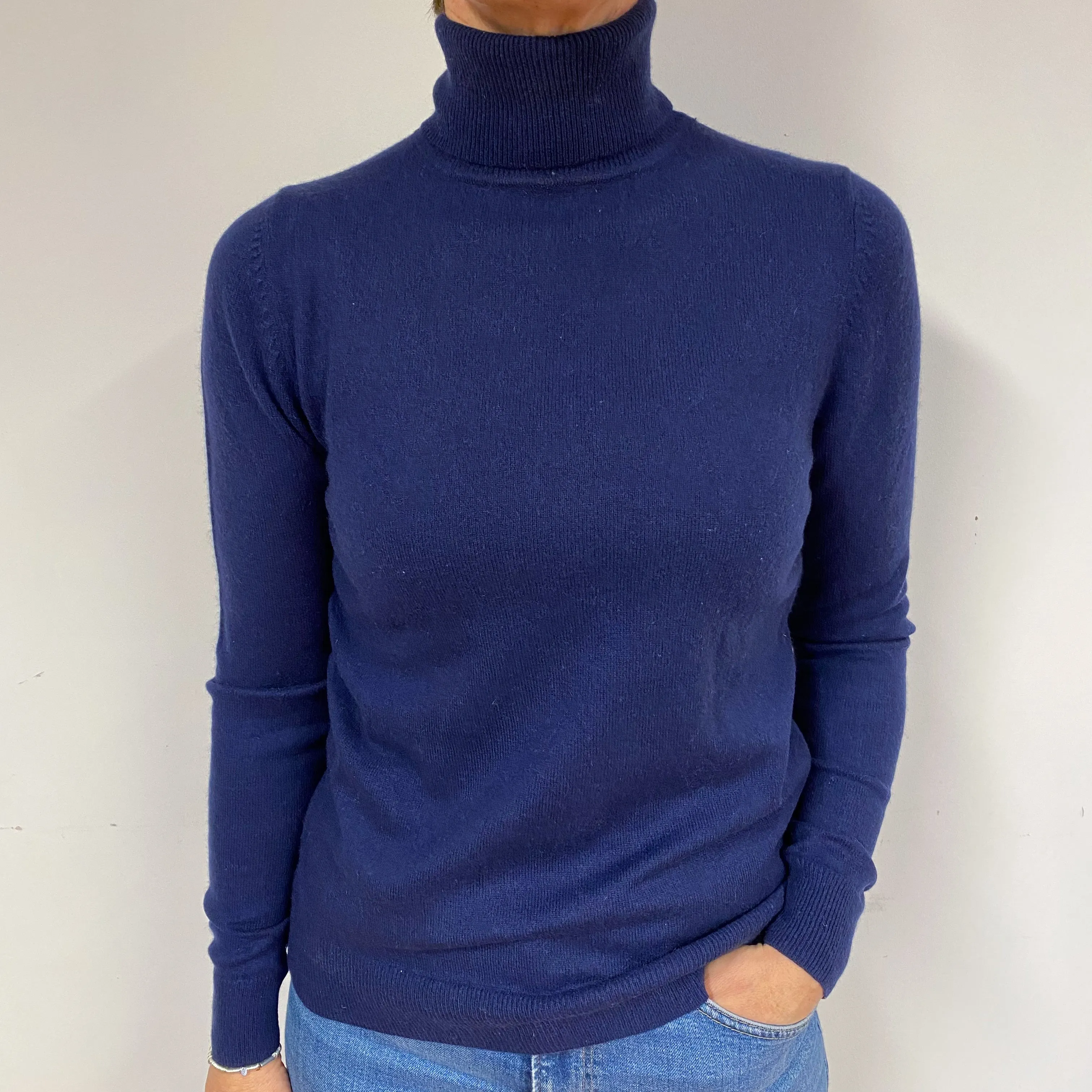 Navy Blue Cashmere Polo Neck Jumper Medium