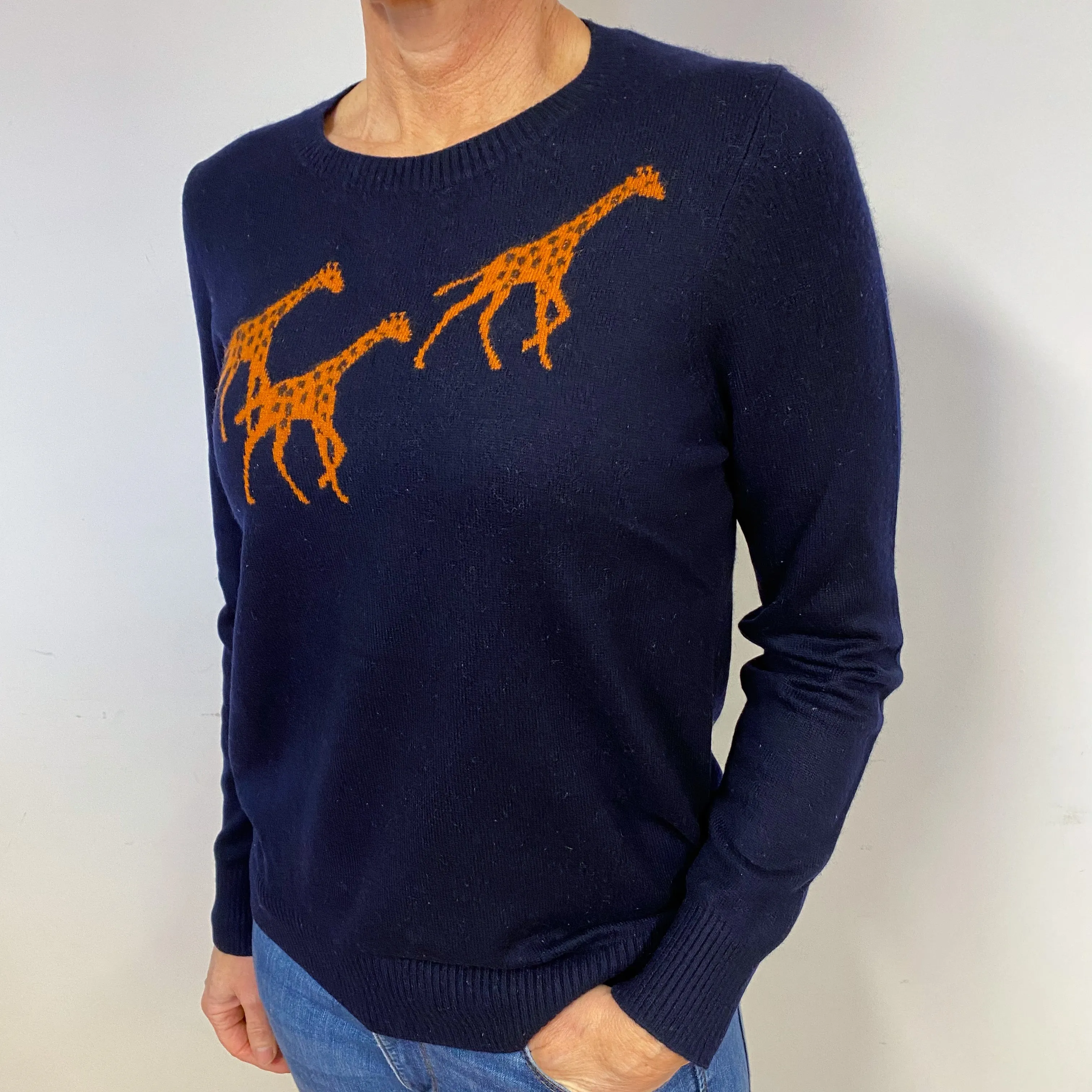 Navy Blue Giraffe Cashmere Crew Neck Jumper Medium