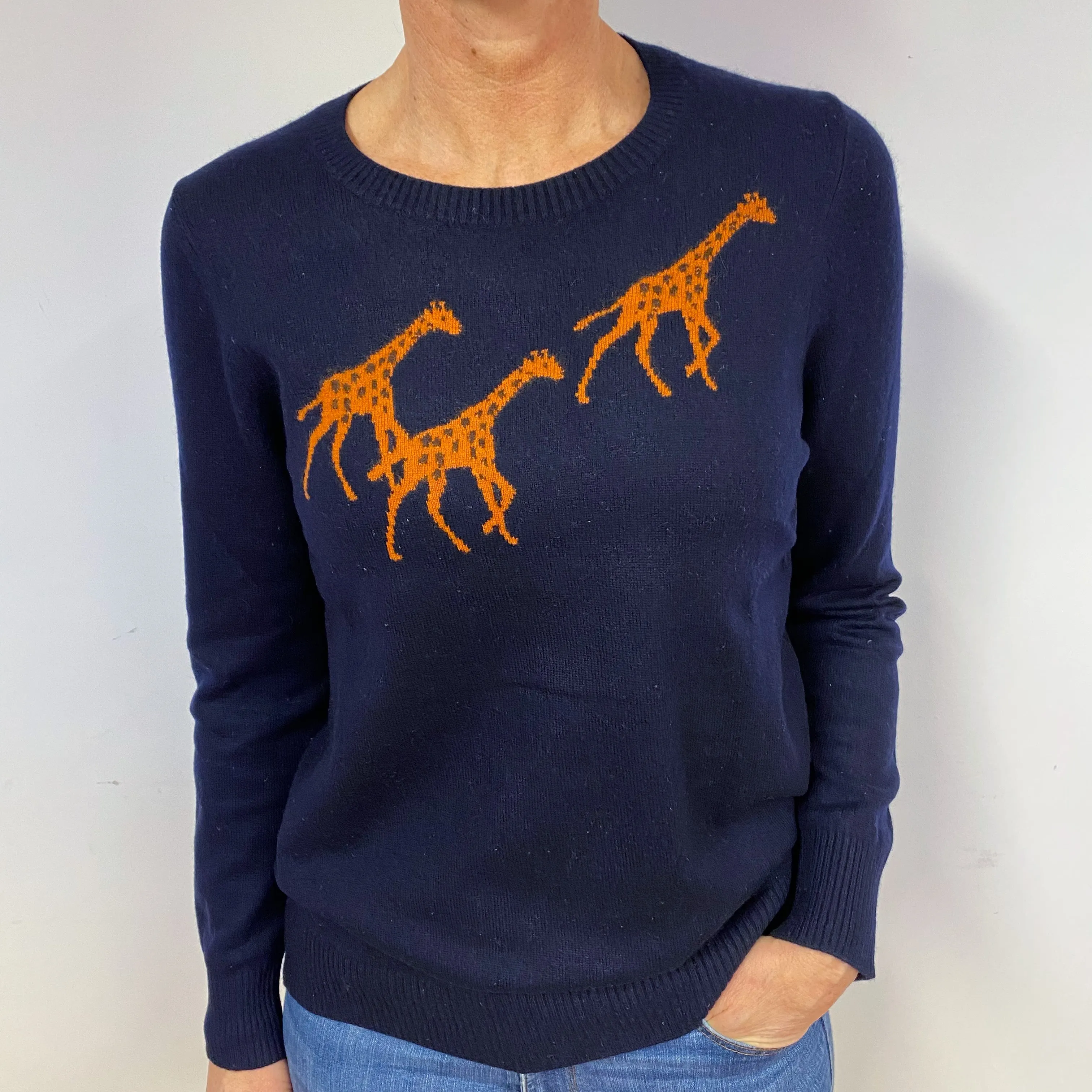 Navy Blue Giraffe Cashmere Crew Neck Jumper Medium
