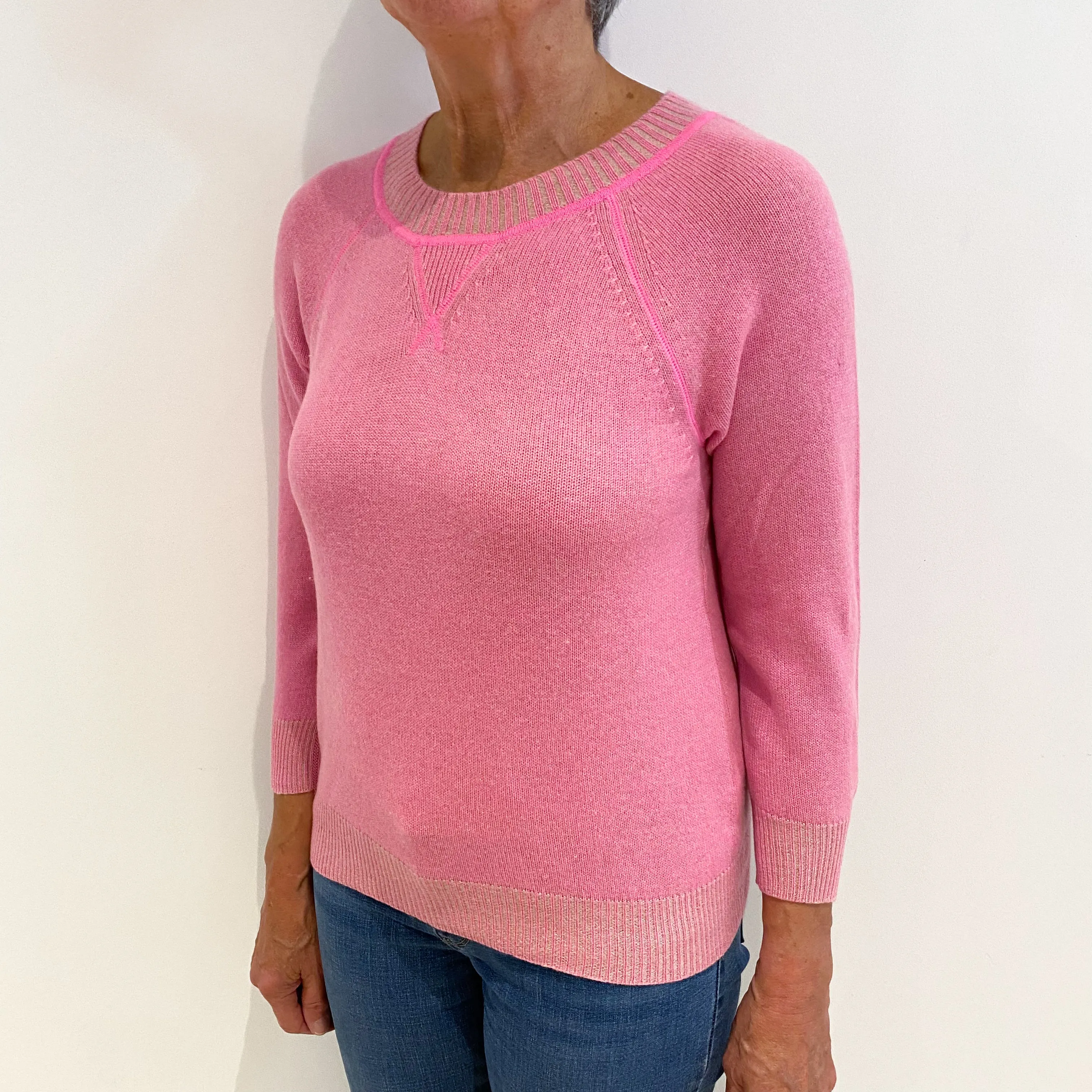 Neon Pink Two Tone Cashmere Crew Neck Jumper Medium