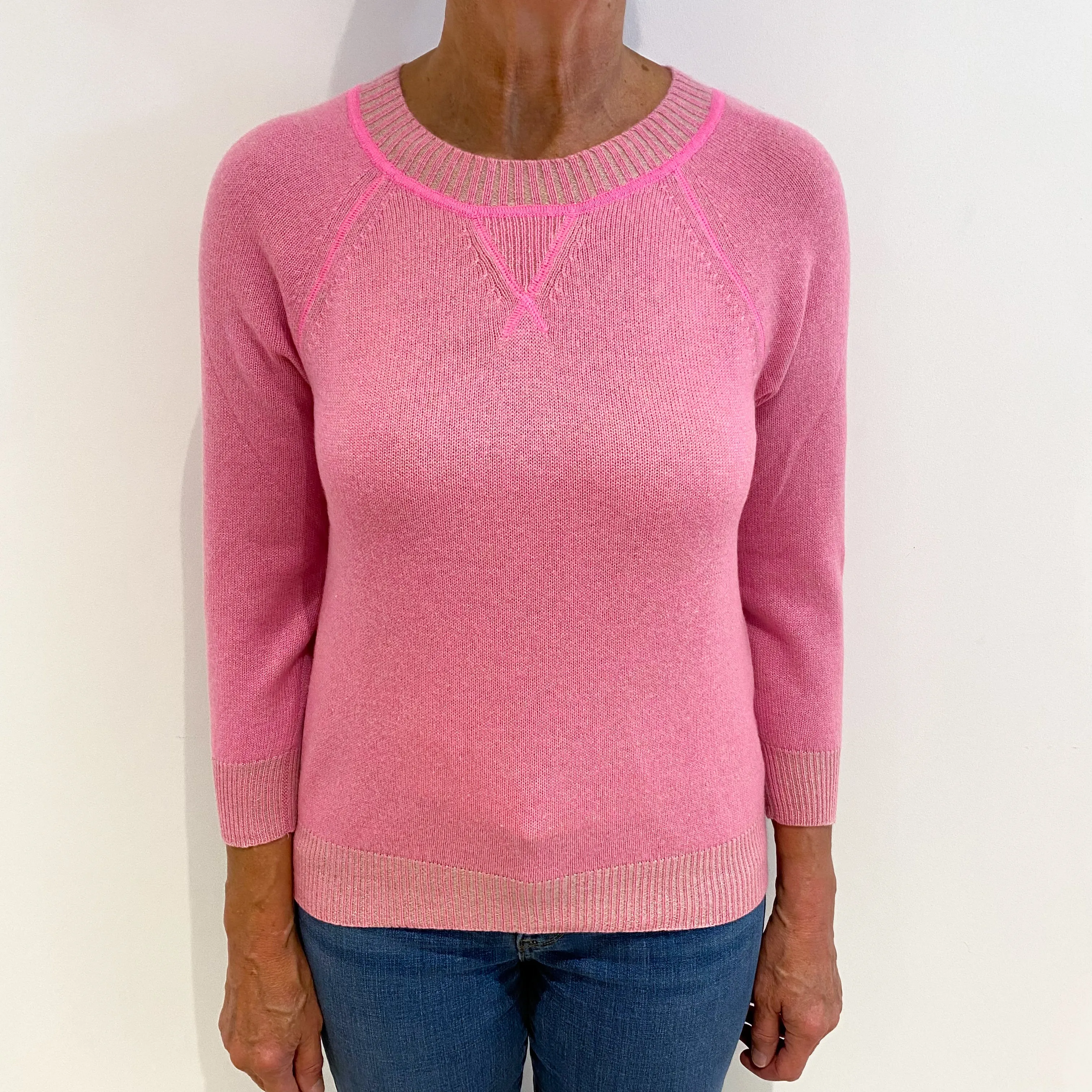 Neon Pink Two Tone Cashmere Crew Neck Jumper Medium
