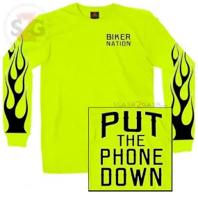 NEW! Hot Leathers Put The Phone Down Long Sleeve Biker Shirt Safety Green