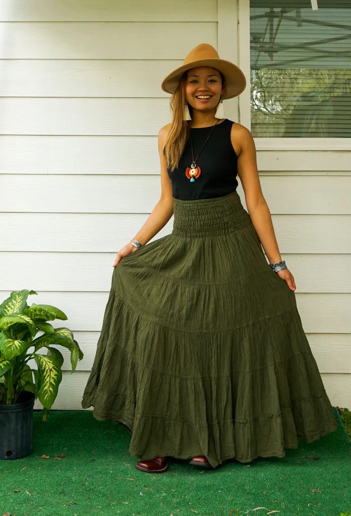 Olive Grove Boho Organic Double Gauze Cotton Tiered Maxi Skirt