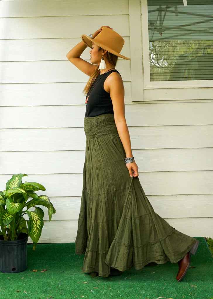 Olive Grove Boho Organic Double Gauze Cotton Tiered Maxi Skirt
