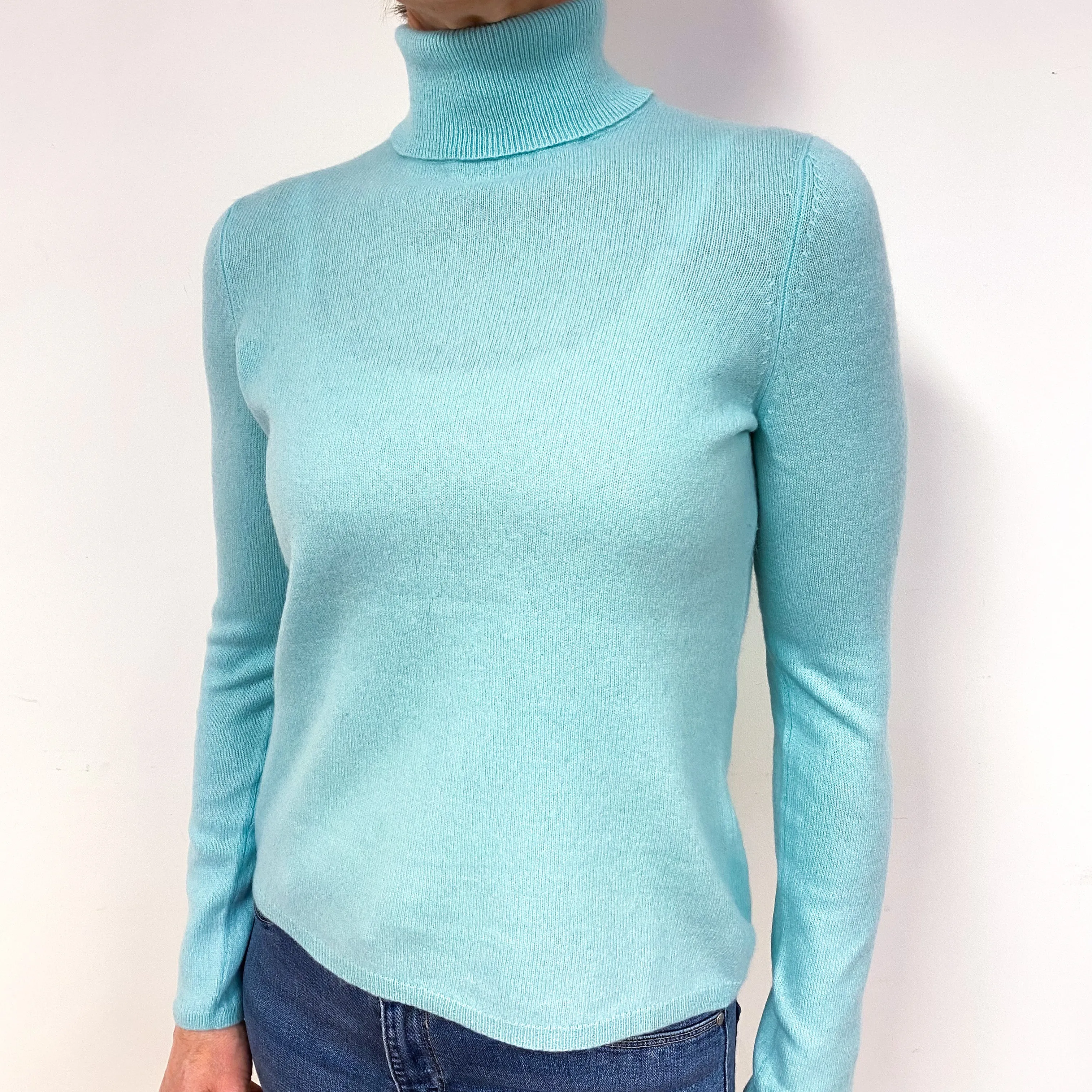 Pale Aqua Cashmere Polo Neck Jumper Medium