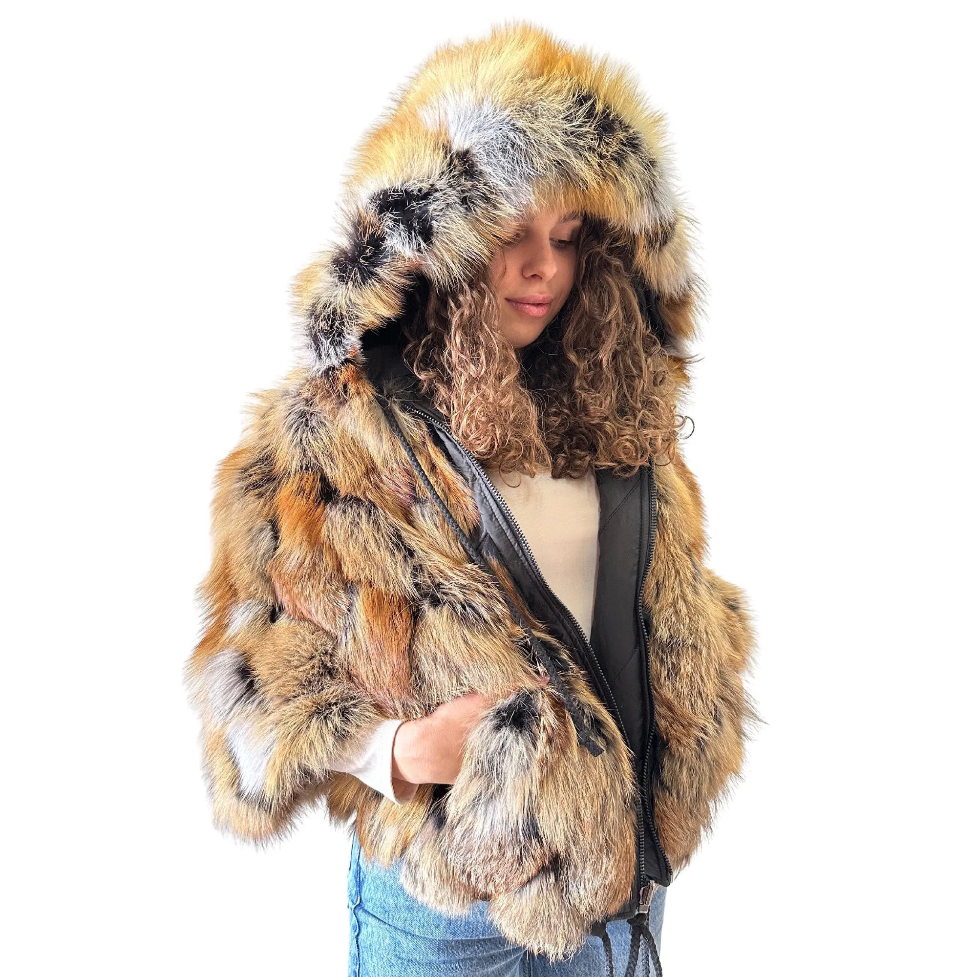 Puffer Fur Puffer Jacket Reversible Stylish Parka with Hood, crafted from quilted water-resistant fabric and luxurious natural fox fur