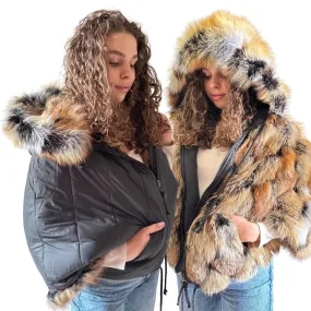Puffer Fur Puffer Jacket Reversible Stylish Parka with Hood, crafted from quilted water-resistant fabric and luxurious natural fox fur