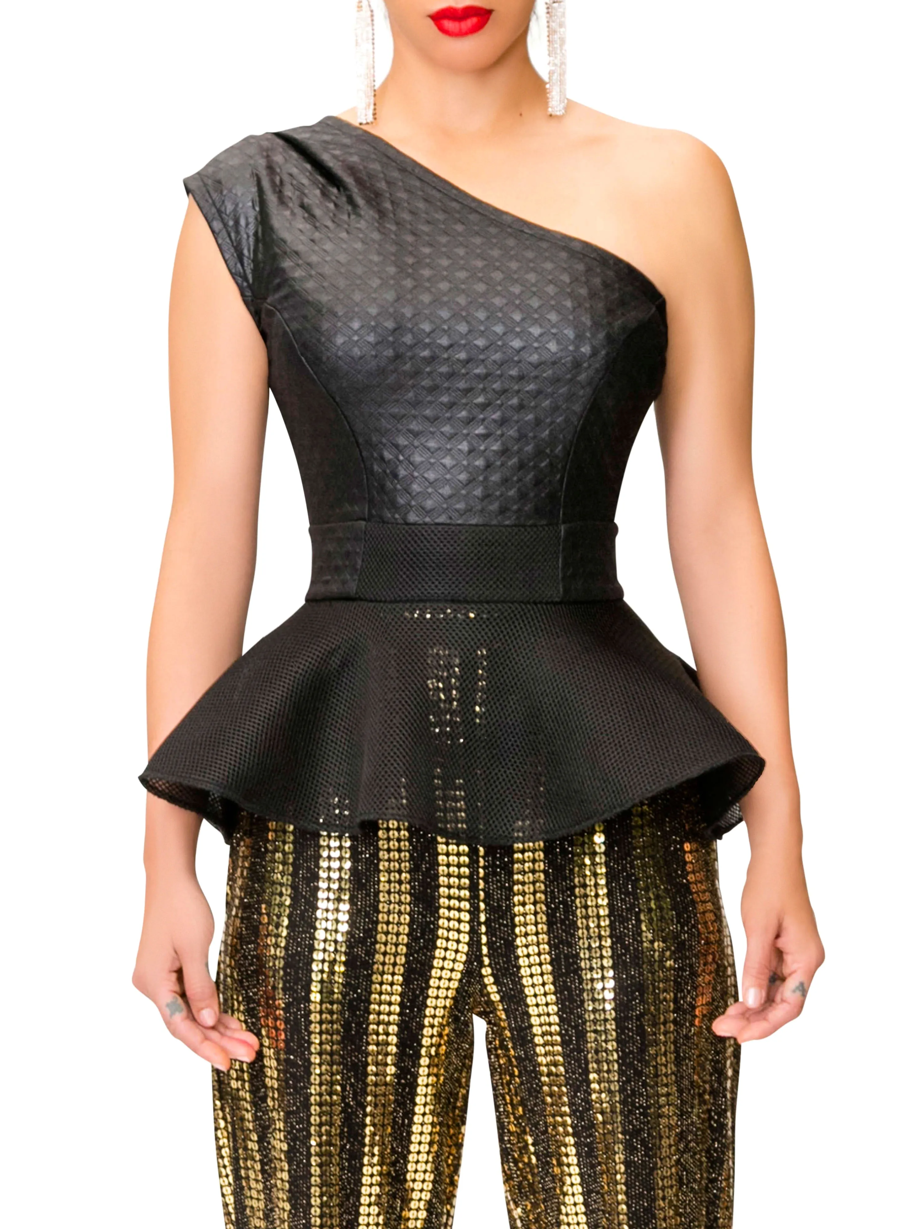 "Judith" Black Peplum Textured Top