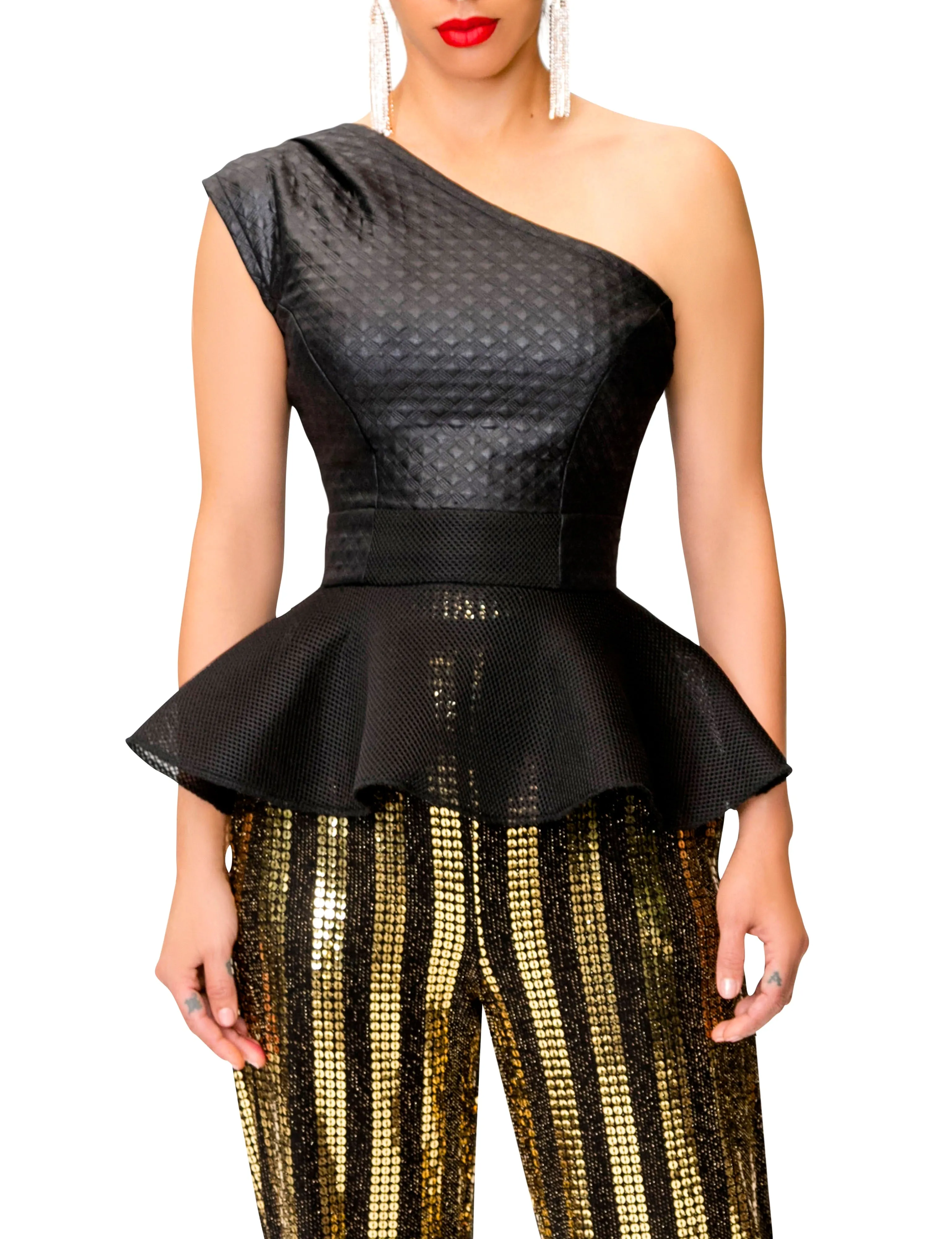 "Judith" Black Peplum Textured Top