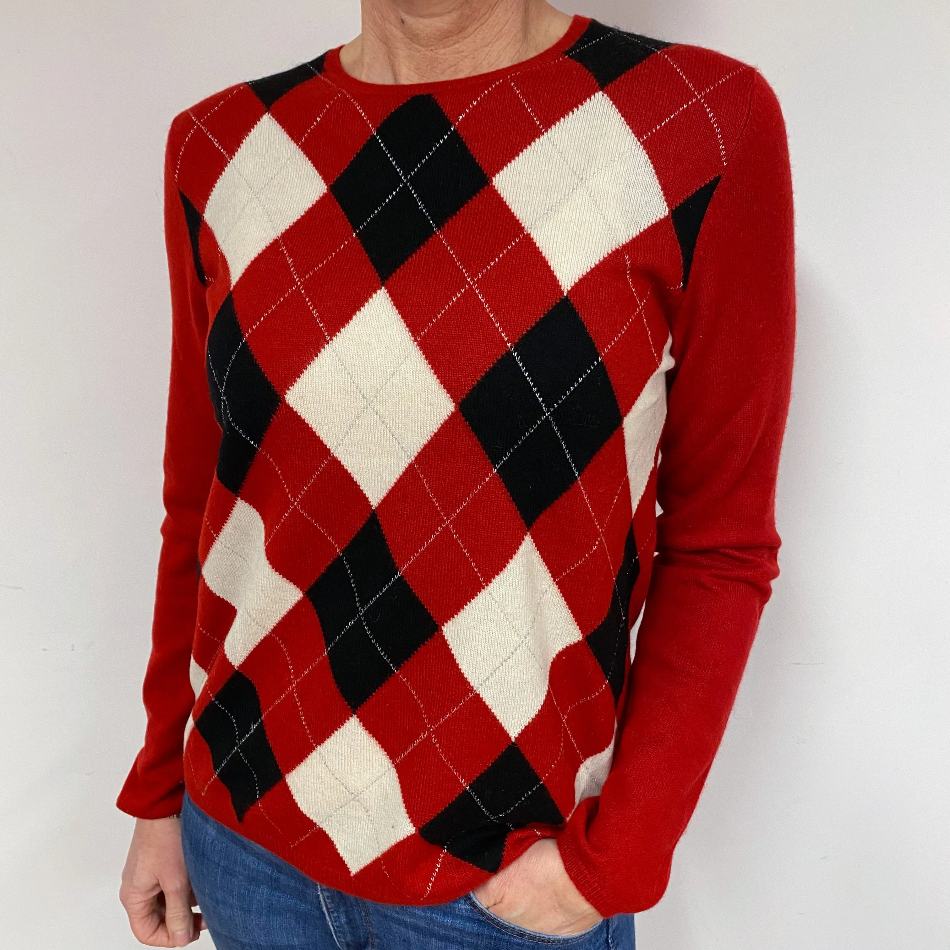 Red Argyle Cashmere Crew Neck Jumper Medium