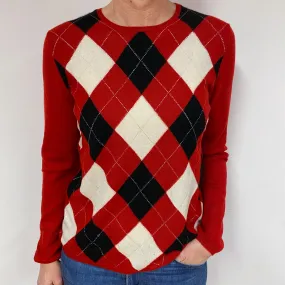 Red Argyle Cashmere Crew Neck Jumper Medium