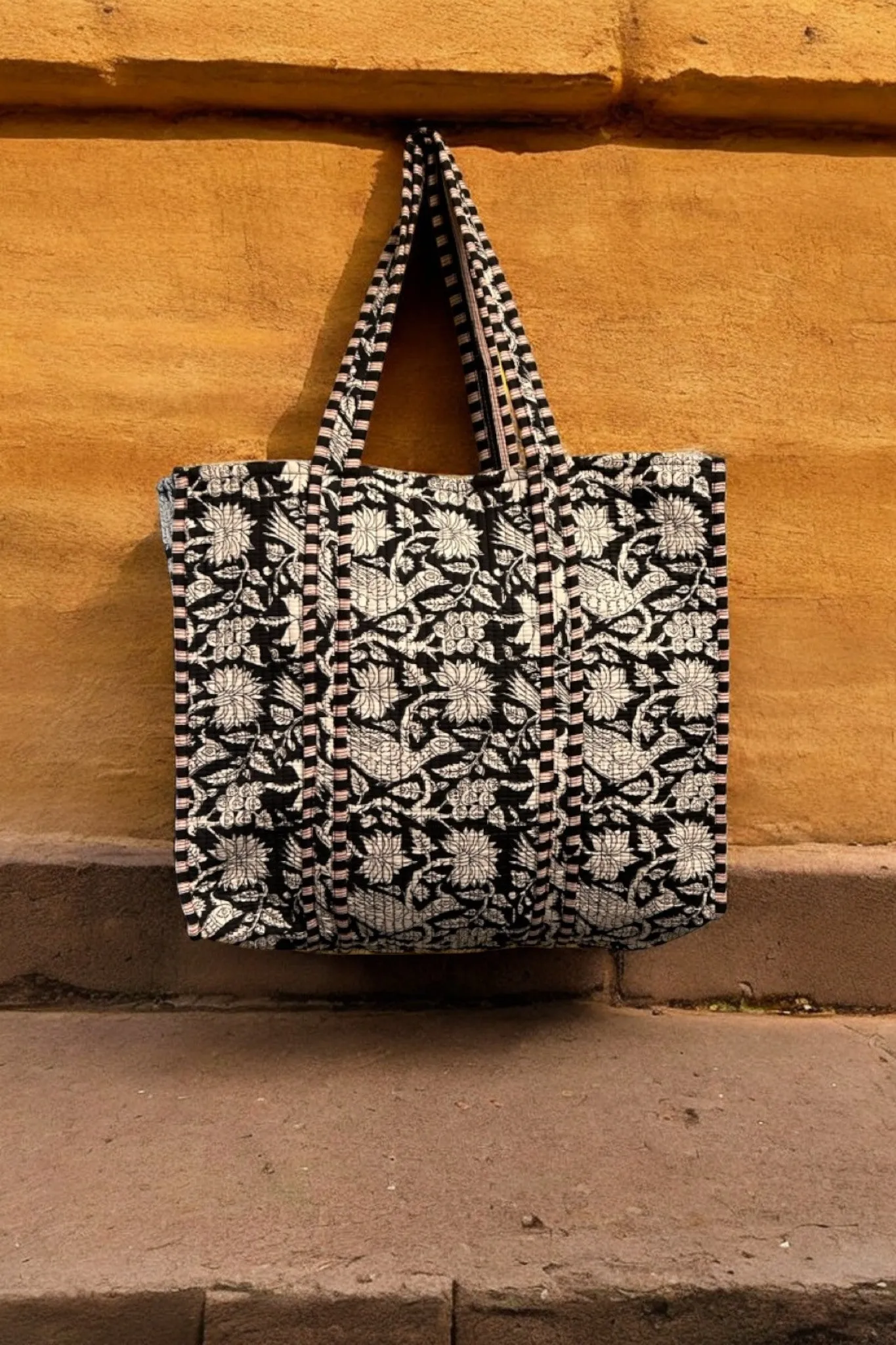 Reversible Cotton Quilted Tote - Monochrome floral garden