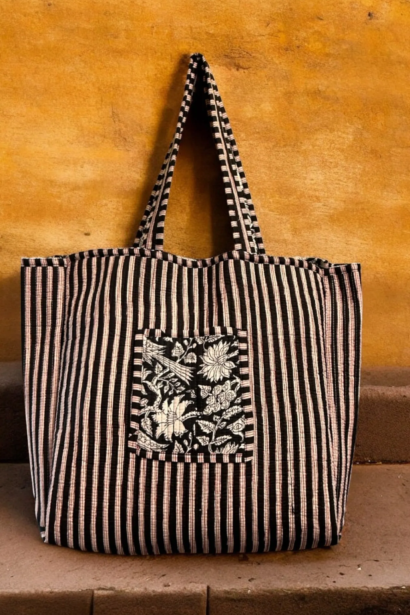 Reversible Cotton Quilted Tote - Monochrome floral garden