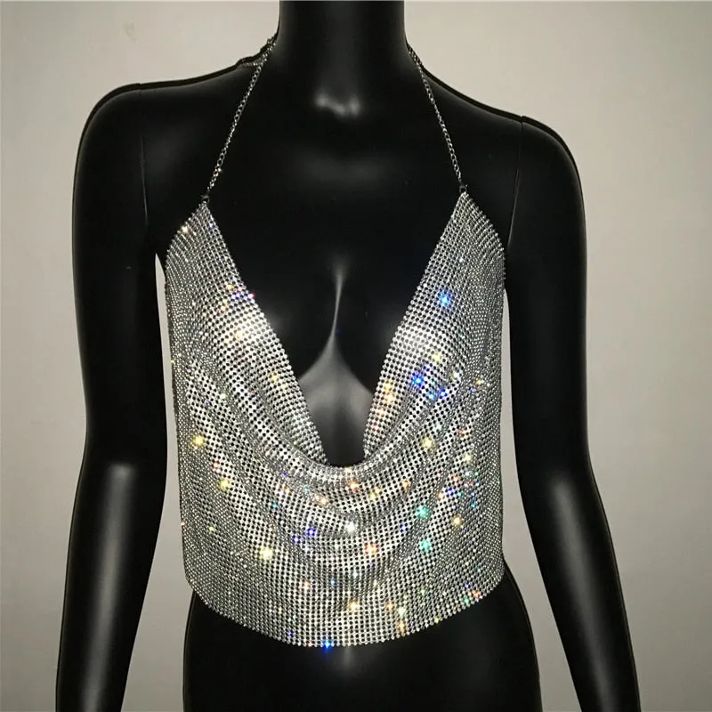 Rhinestone Backless Party Crop Top Summer Deep V Neck Night Club Diamonds Metal Tank Top